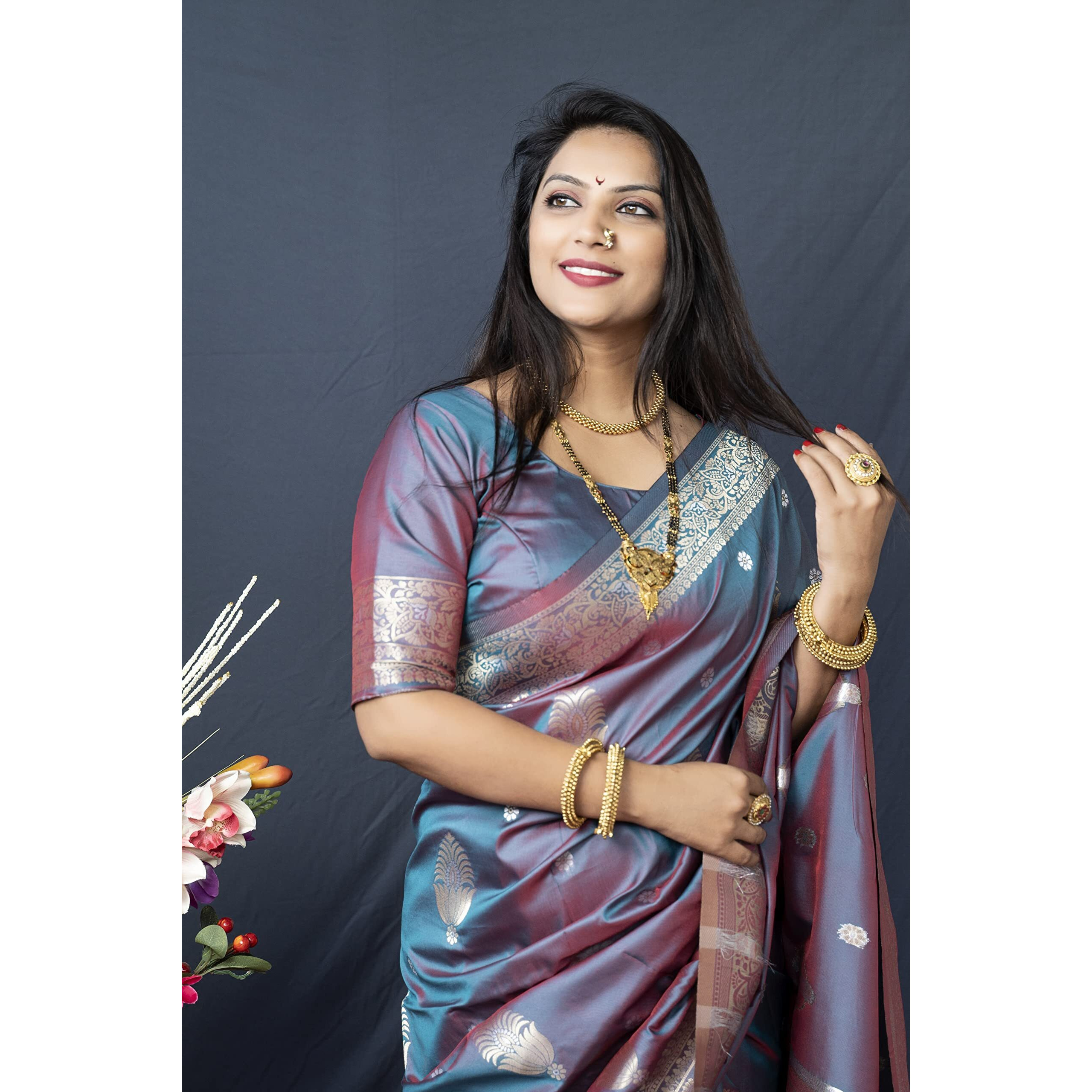 AMIRAT Womens Banarasi Silk Pure Golden Zari Woven With Blouse Piece (Teal)