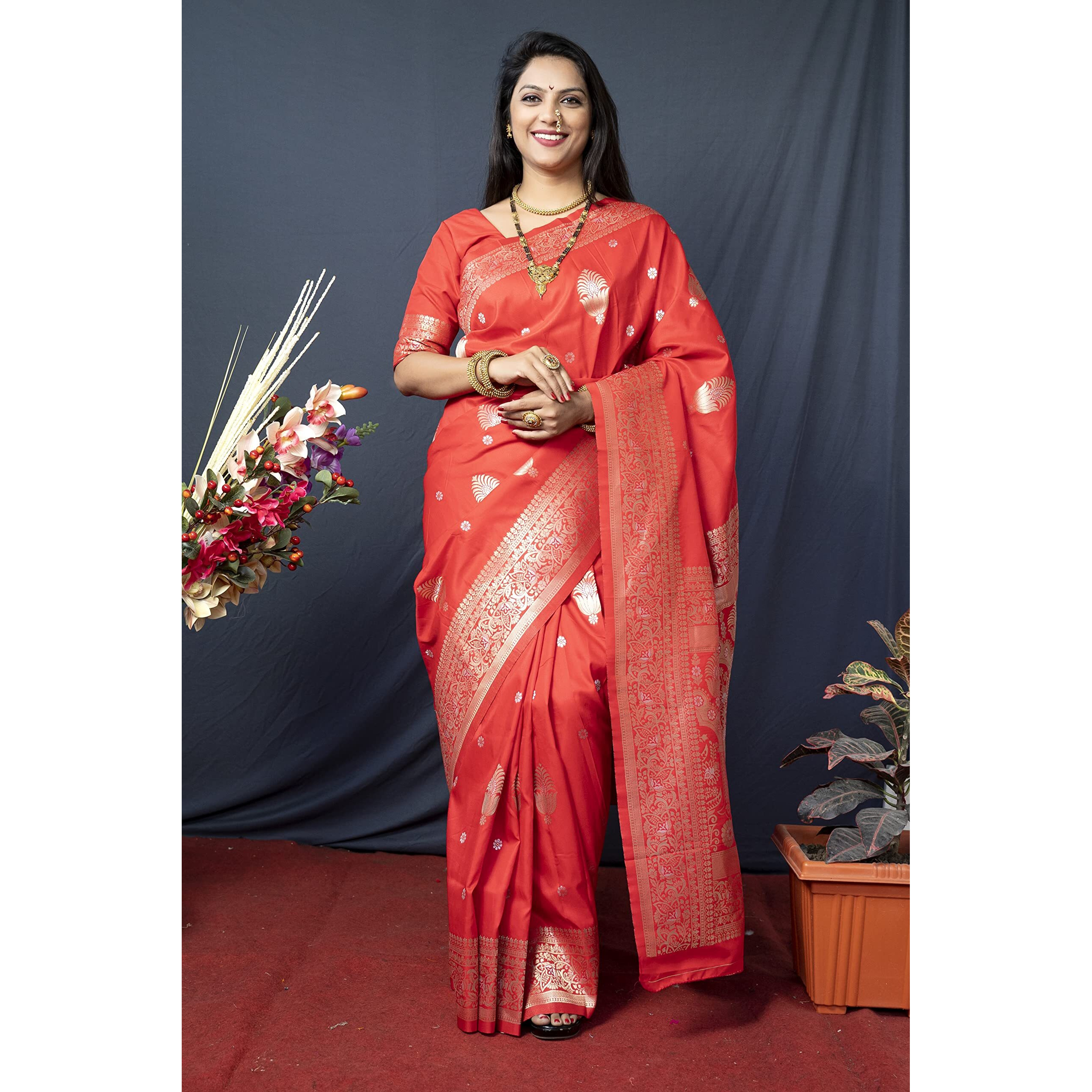 AMIRAT Womens Banarasi Silk Pure Golden Zari Woven With Blouse Piece (Red)