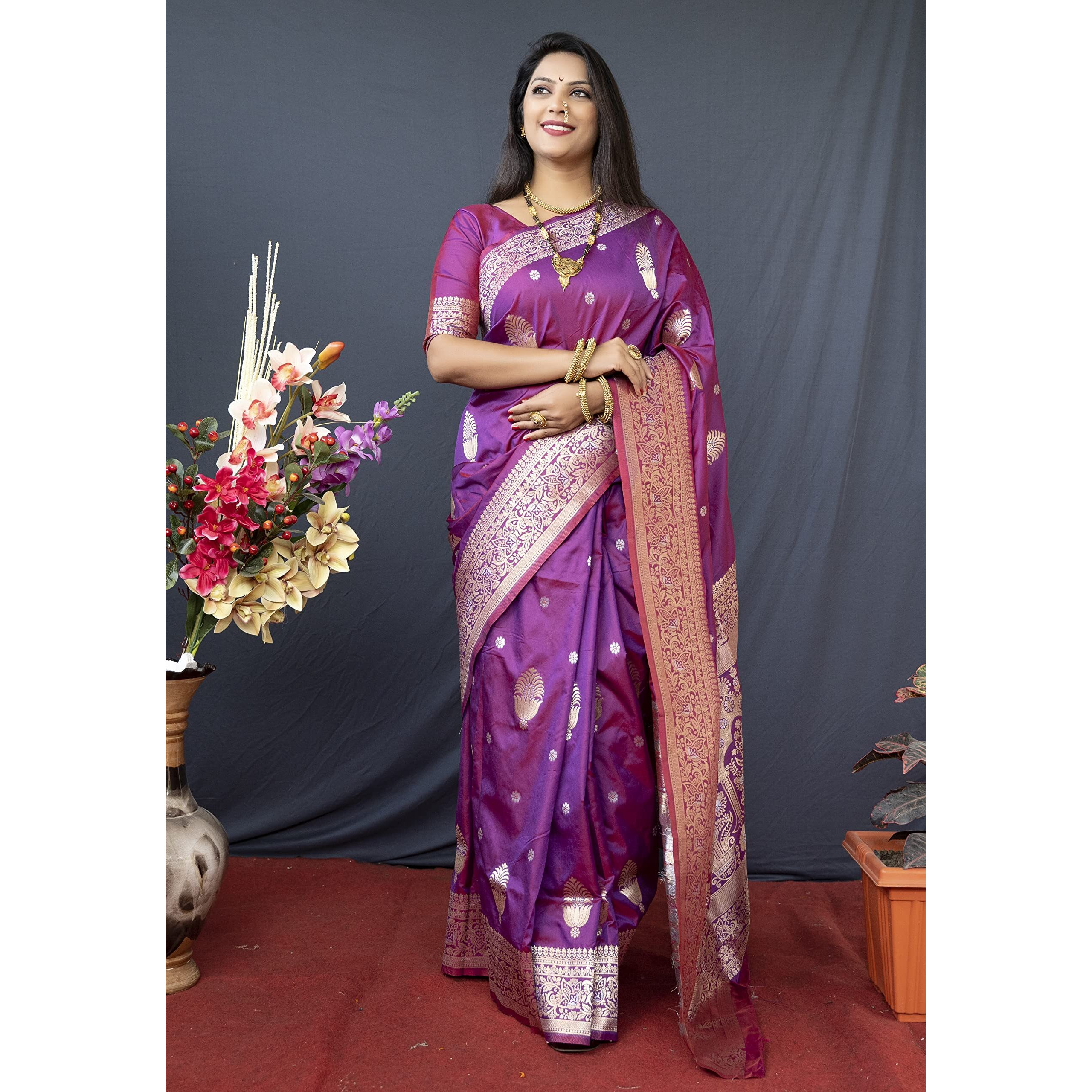 AMIRAT Womens Banarasi Silk Pure Golden Zari Woven With Blouse Piece (Purple)