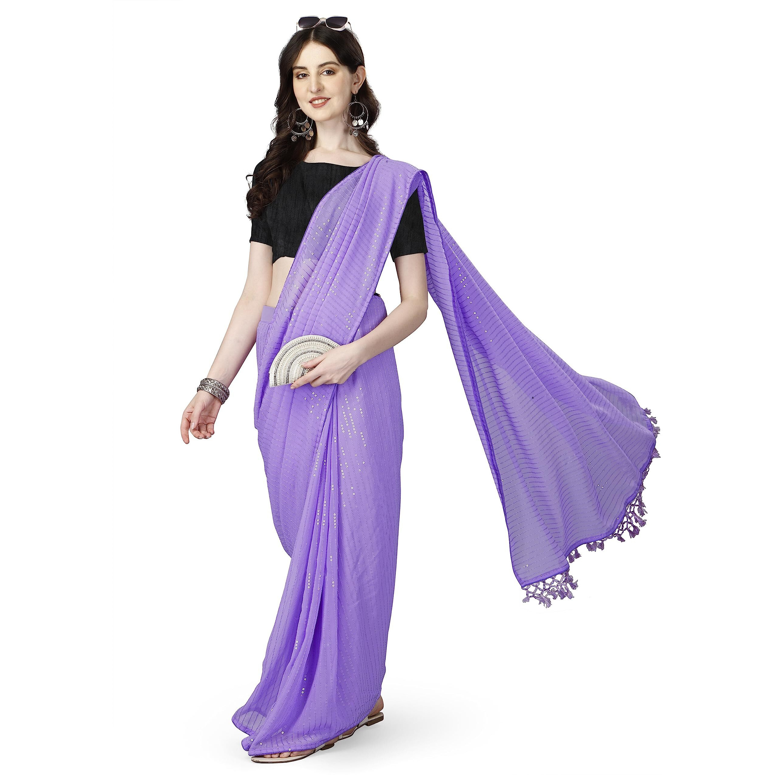 Shiv Textiles Womens Georgette Sequins Ready To Wear One Minute Saree for women With Unstitched Blouse.(Purple)