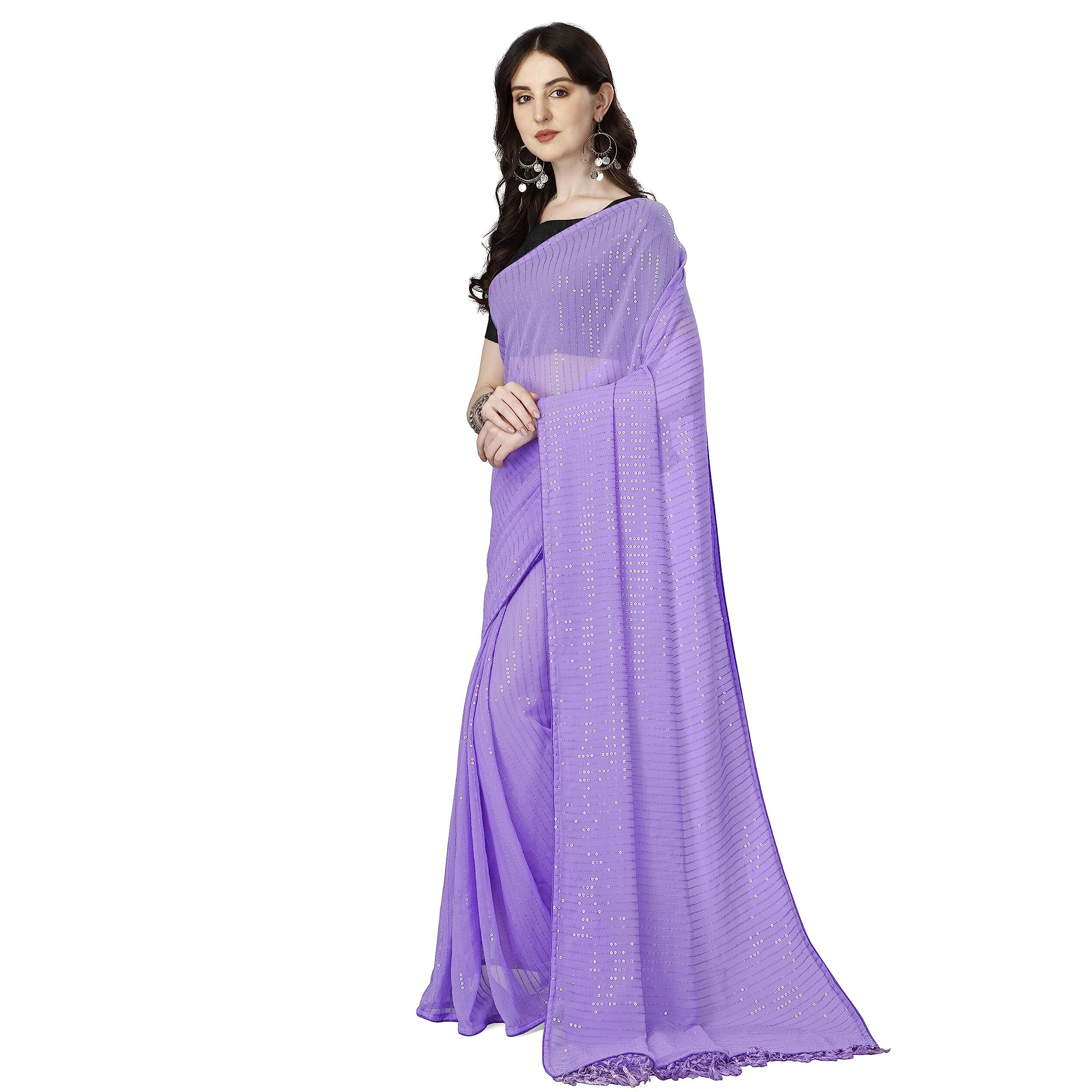 Shiv Textiles Womens Georgette Sequins Ready To Wear One Minute Saree for women With Unstitched Blouse.(Purple)