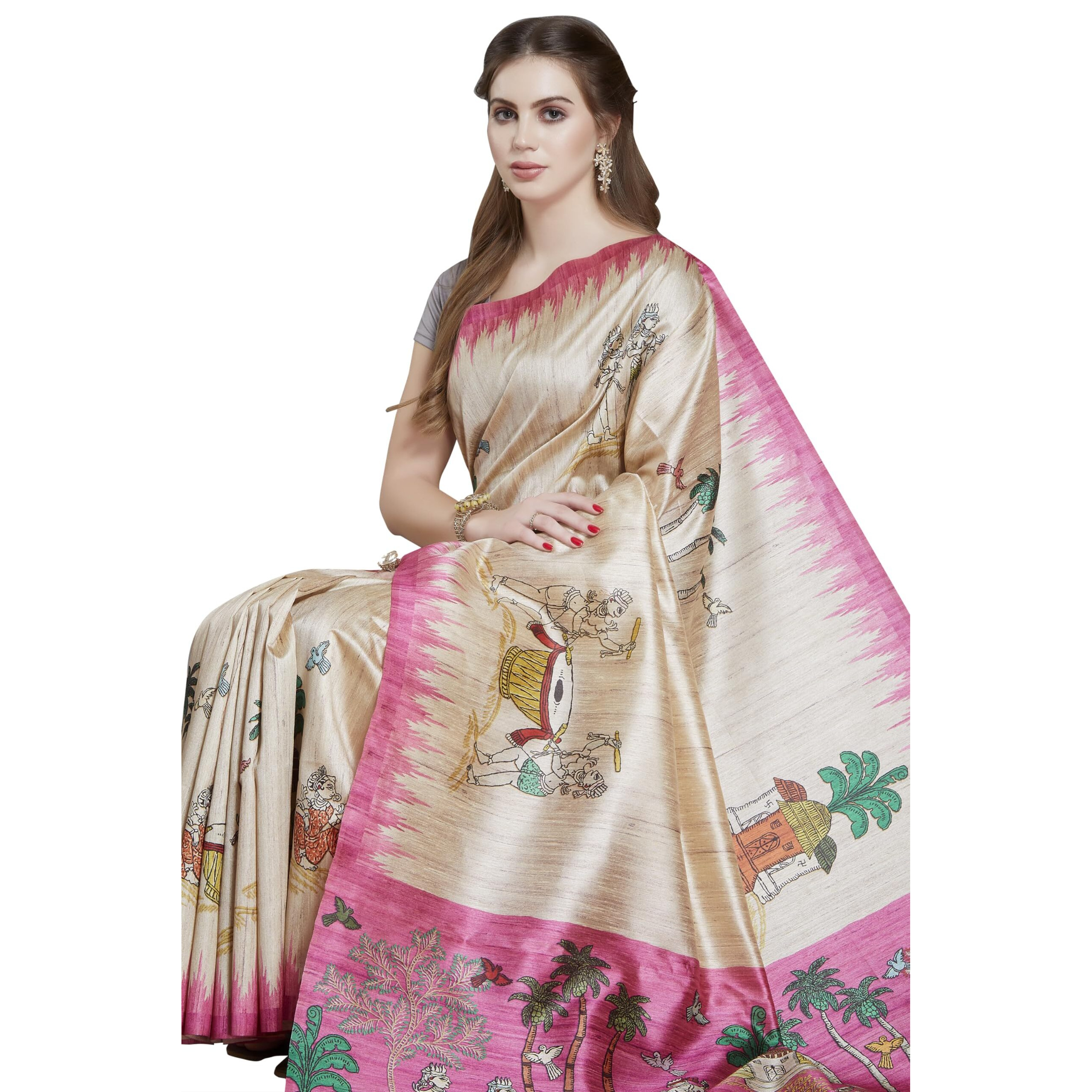 RANI SAAHIBA Womens Printed Art Tussar Silk Madhubani Saree With Blouse Piece (SKR11609_Beige - Magenta)