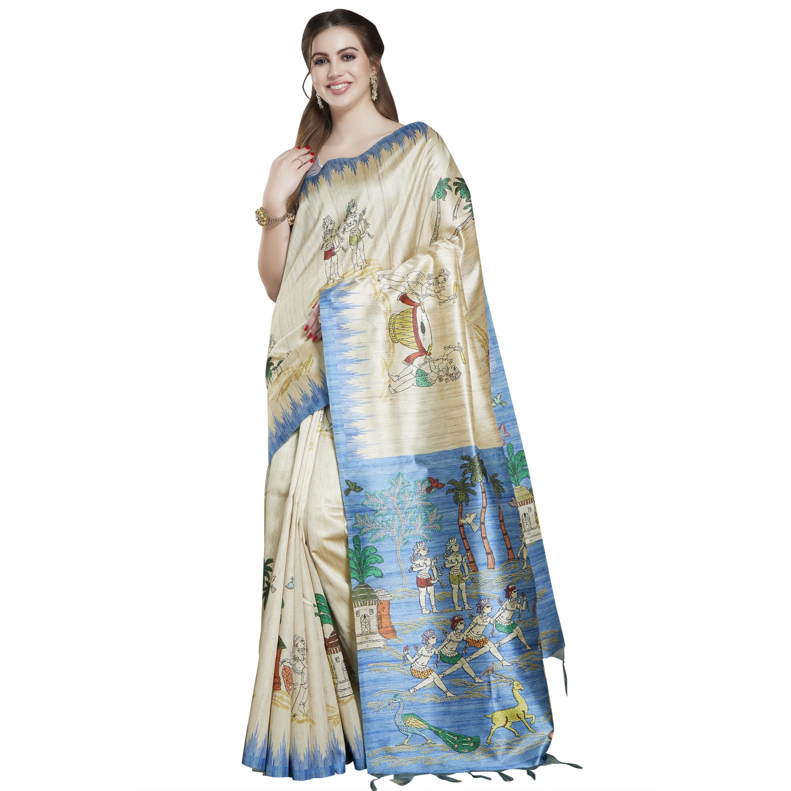 RANI SAAHIBA Womens Printed Art Tussar Silk Madhubani Saree With Blouse Piece (SKR11606_Beige-Blue)