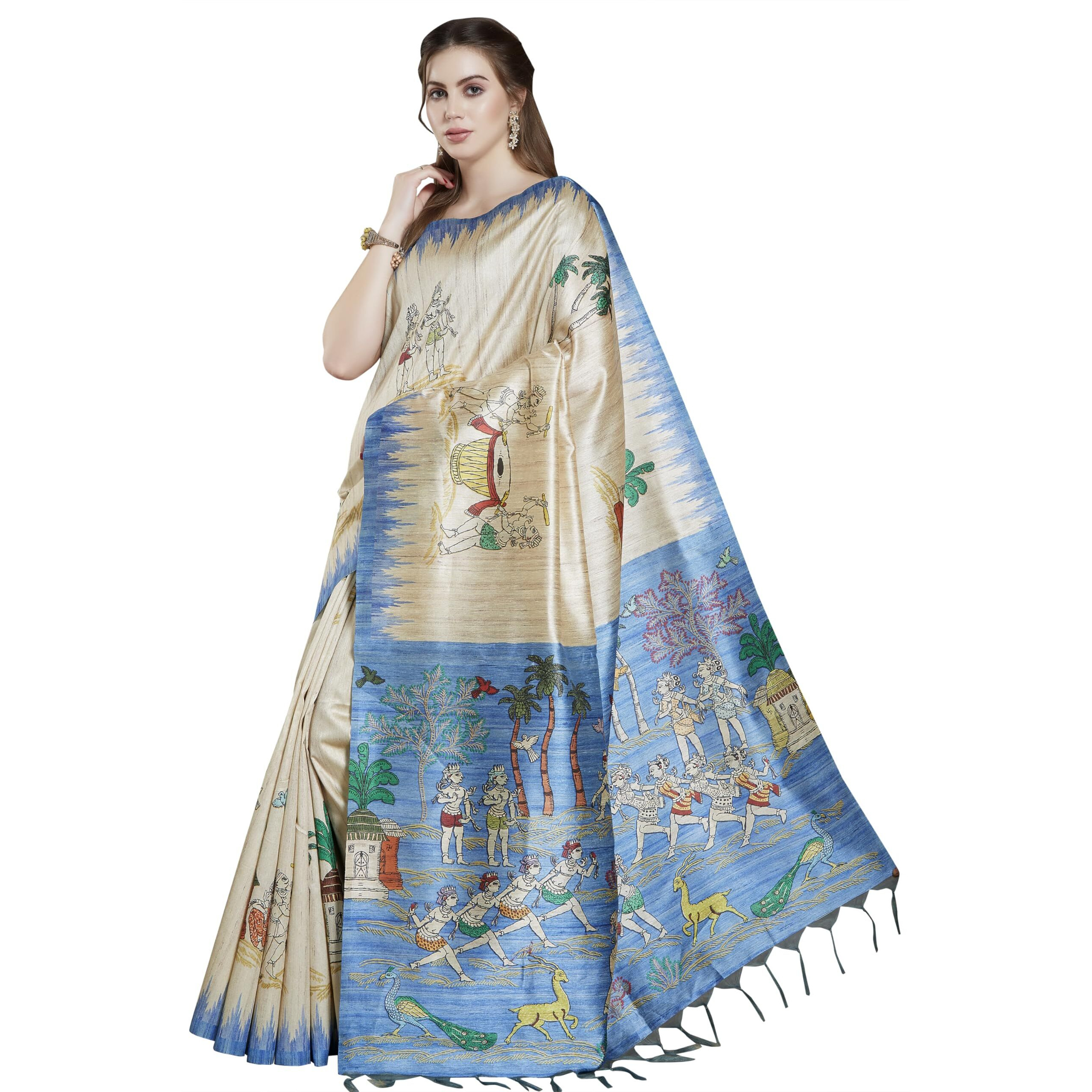 RANI SAAHIBA Womens Printed Art Tussar Silk Madhubani Saree With Blouse Piece (SKR11606_Beige-Blue)