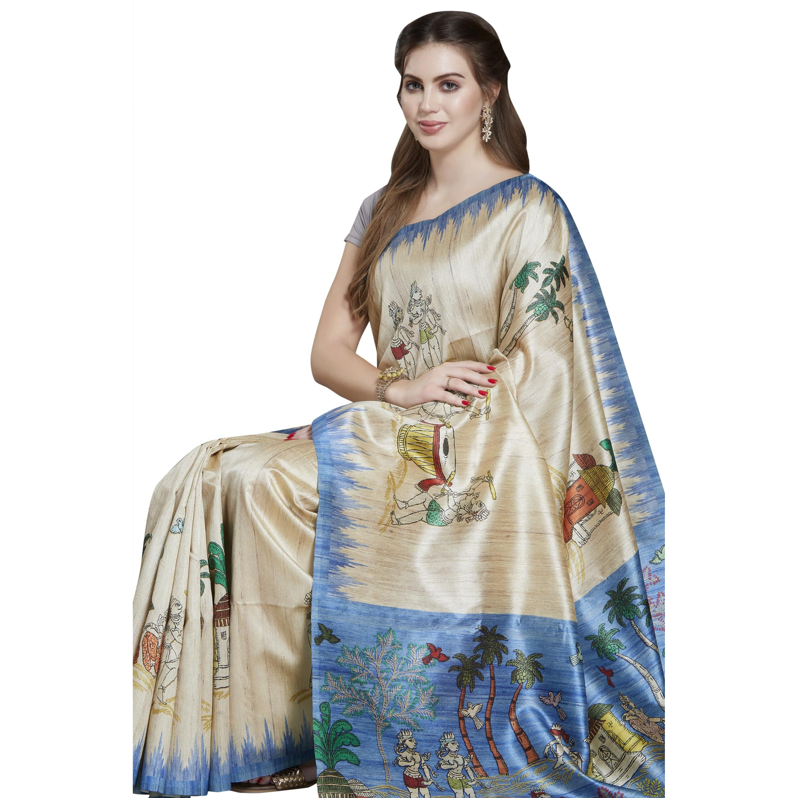 RANI SAAHIBA Womens Printed Art Tussar Silk Madhubani Saree With Blouse Piece (SKR11606_Beige-Blue)