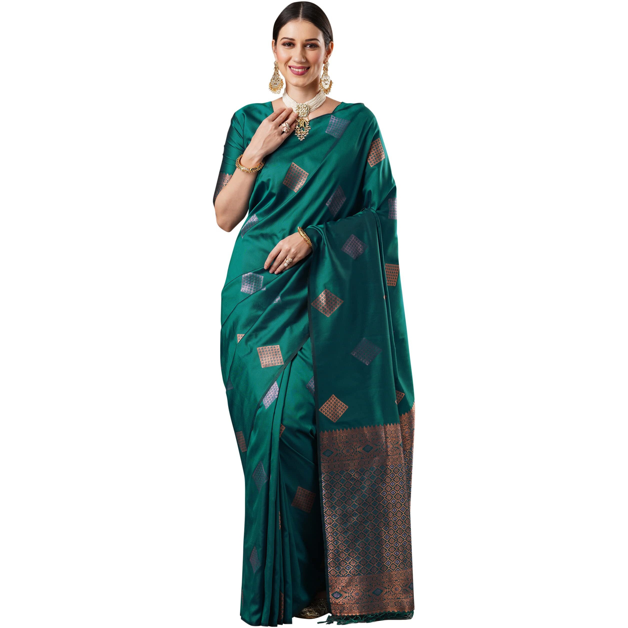 AKHILAM Womens Geometric Silk Blend Woven Design Saree With Unstitched Blouse Piece (Teal blue_14PAKHI1502)