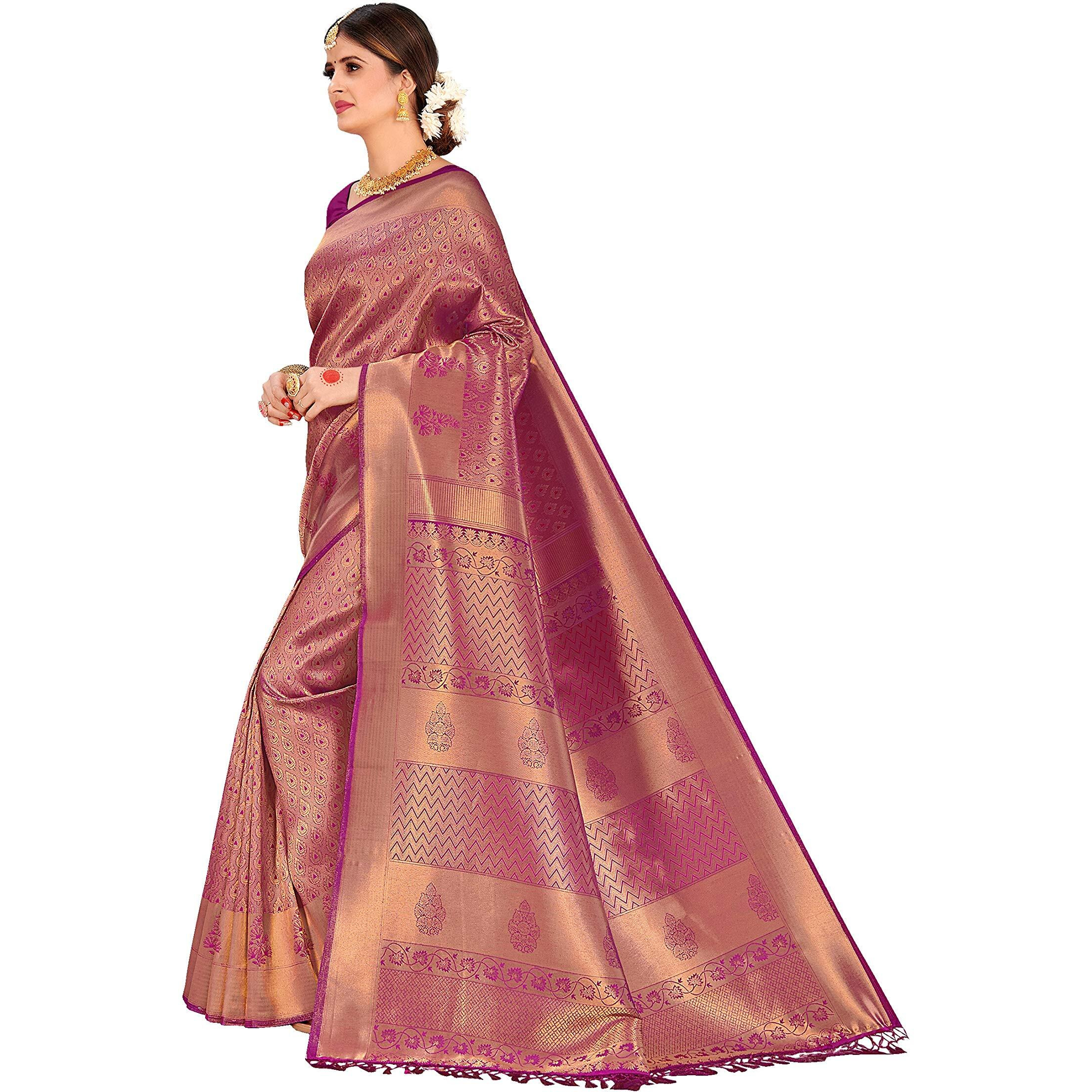 Vardha Womens Kanchipuram Raw Silk Saree with Unstitched Blouse Piece - Zari Woven Work Sarees for Wedding (Kyra Silk, 356, Wine)