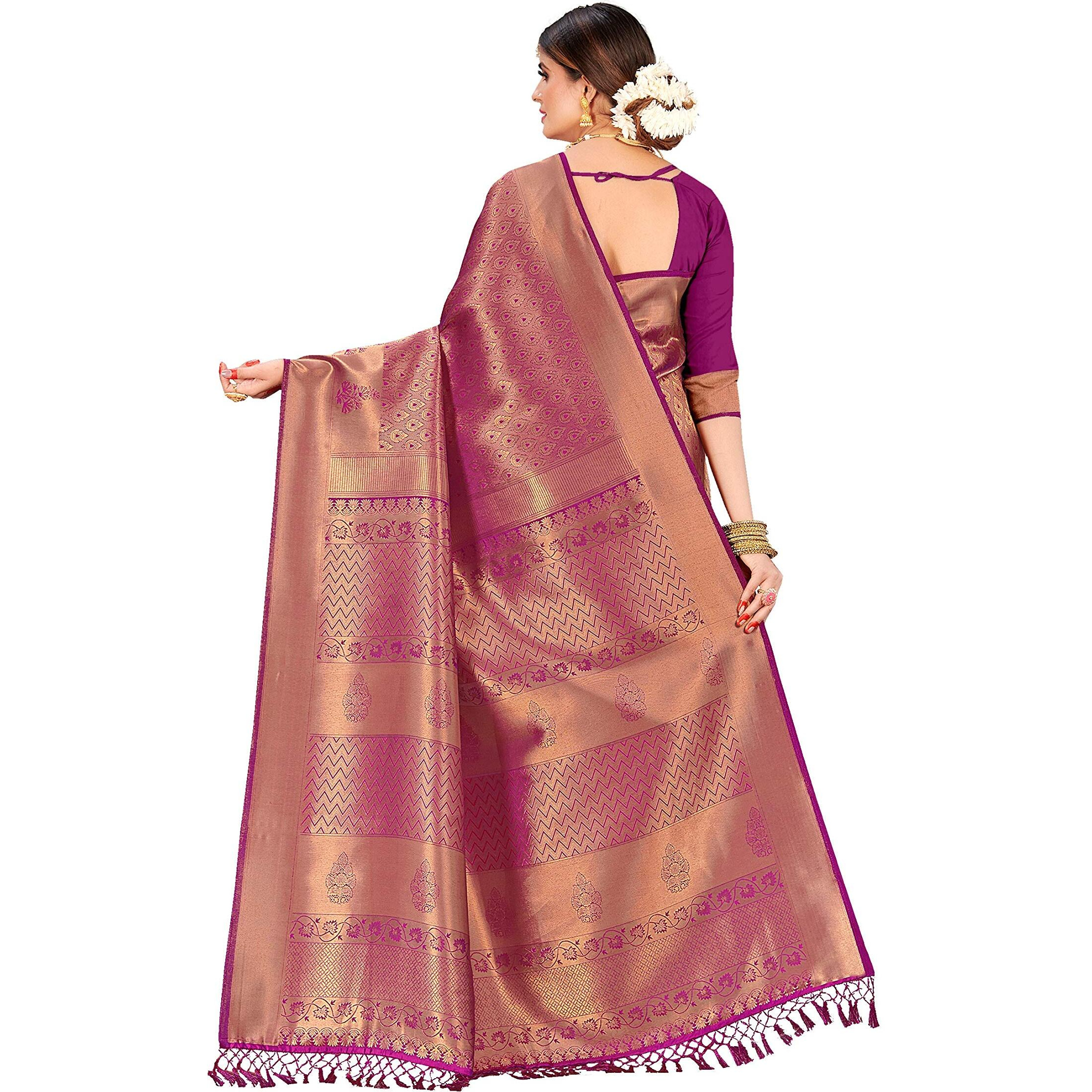 Vardha Womens Kanchipuram Raw Silk Saree with Unstitched Blouse Piece - Zari Woven Work Sarees for Wedding (Kyra Silk, 356, Wine)