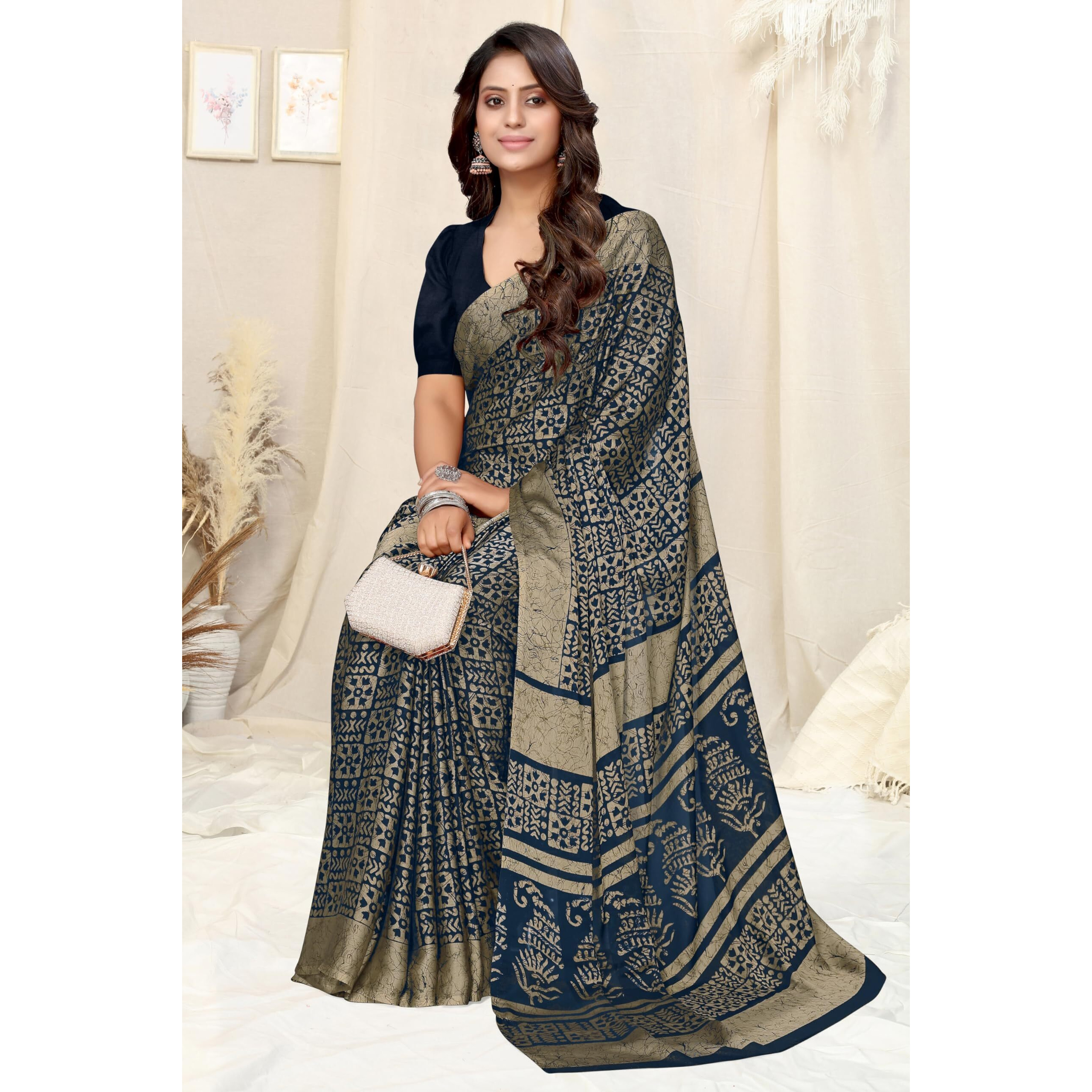 MIRCHI FASHION Womens Chiffon Batik Printed Saree with Blouse Piece (40502-Navy Blue, Beige)
