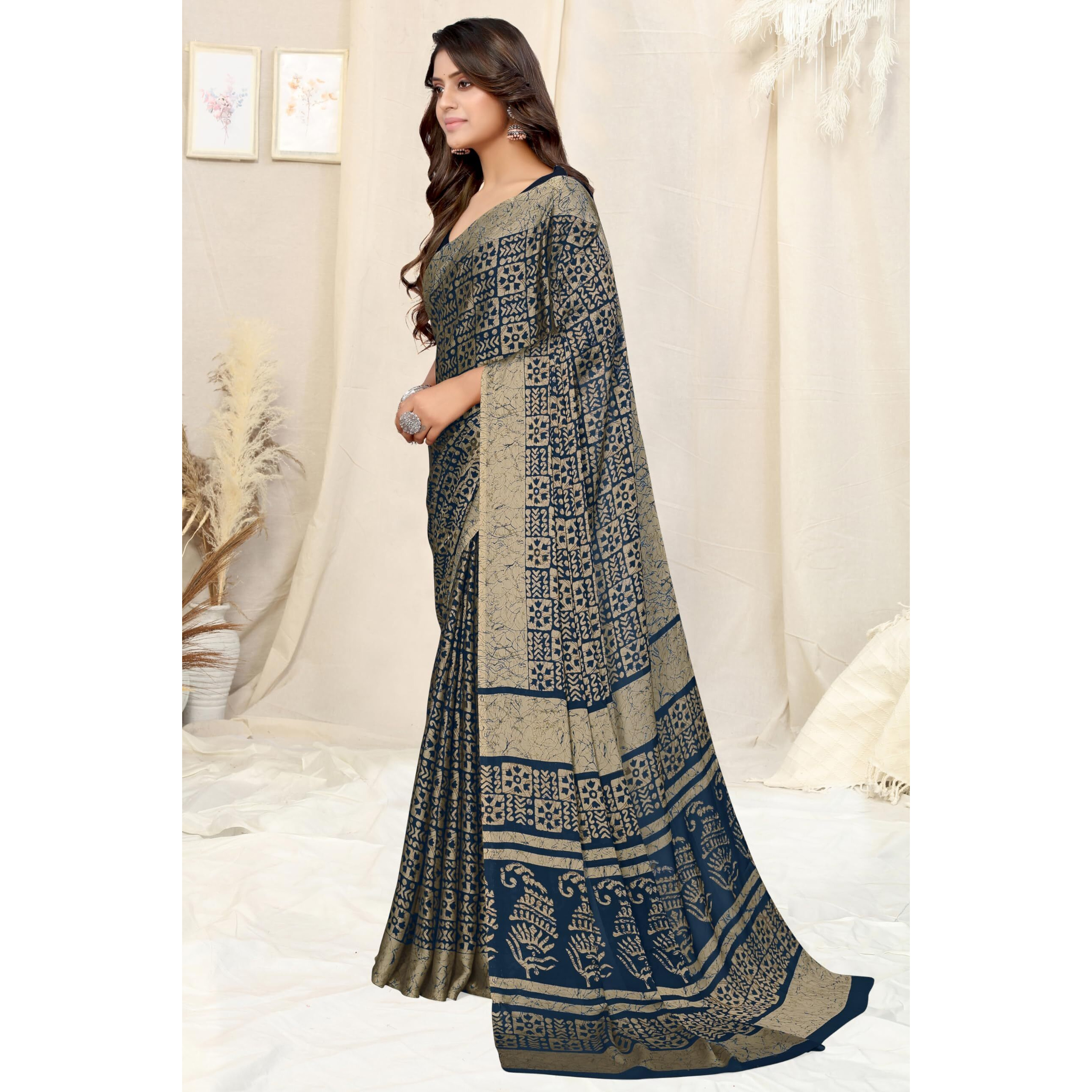 MIRCHI FASHION Womens Chiffon Batik Printed Saree with Blouse Piece (40502-Navy Blue, Beige)