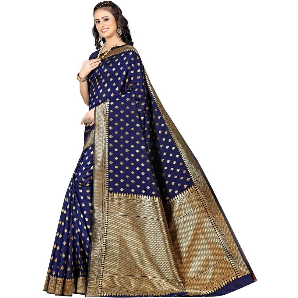Sugathari Womens Banarasi Saree Pure Kanjivaram Silk Saree Soft new ladies 2023 Design Wear Pattu Sarees Latest Party Sari collections With Blouse Piece for Wedding sadi (SAM PARI-180 NAVY BLUE)