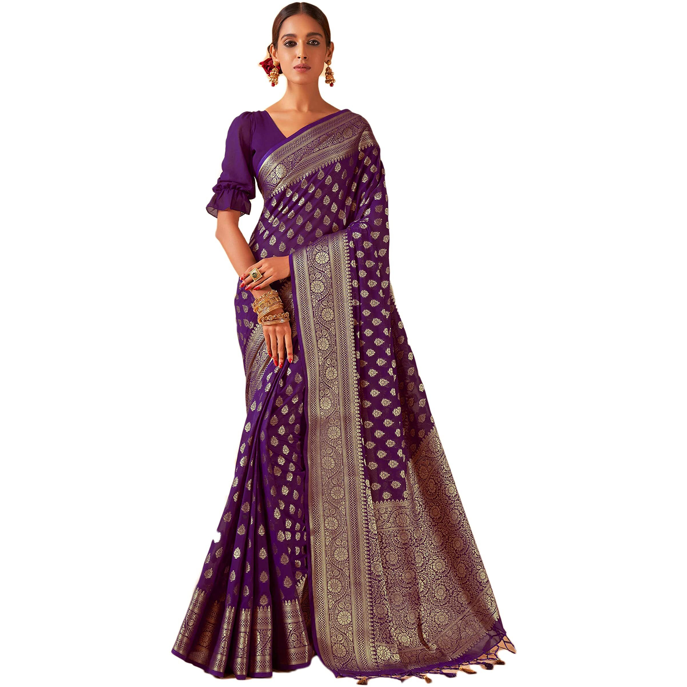Vardha Womens Banarasi Georgette Silk Saree with Unstitched Blouse Piece - Gold Zari Woven Work Sarees for Wedding (Navya_590)