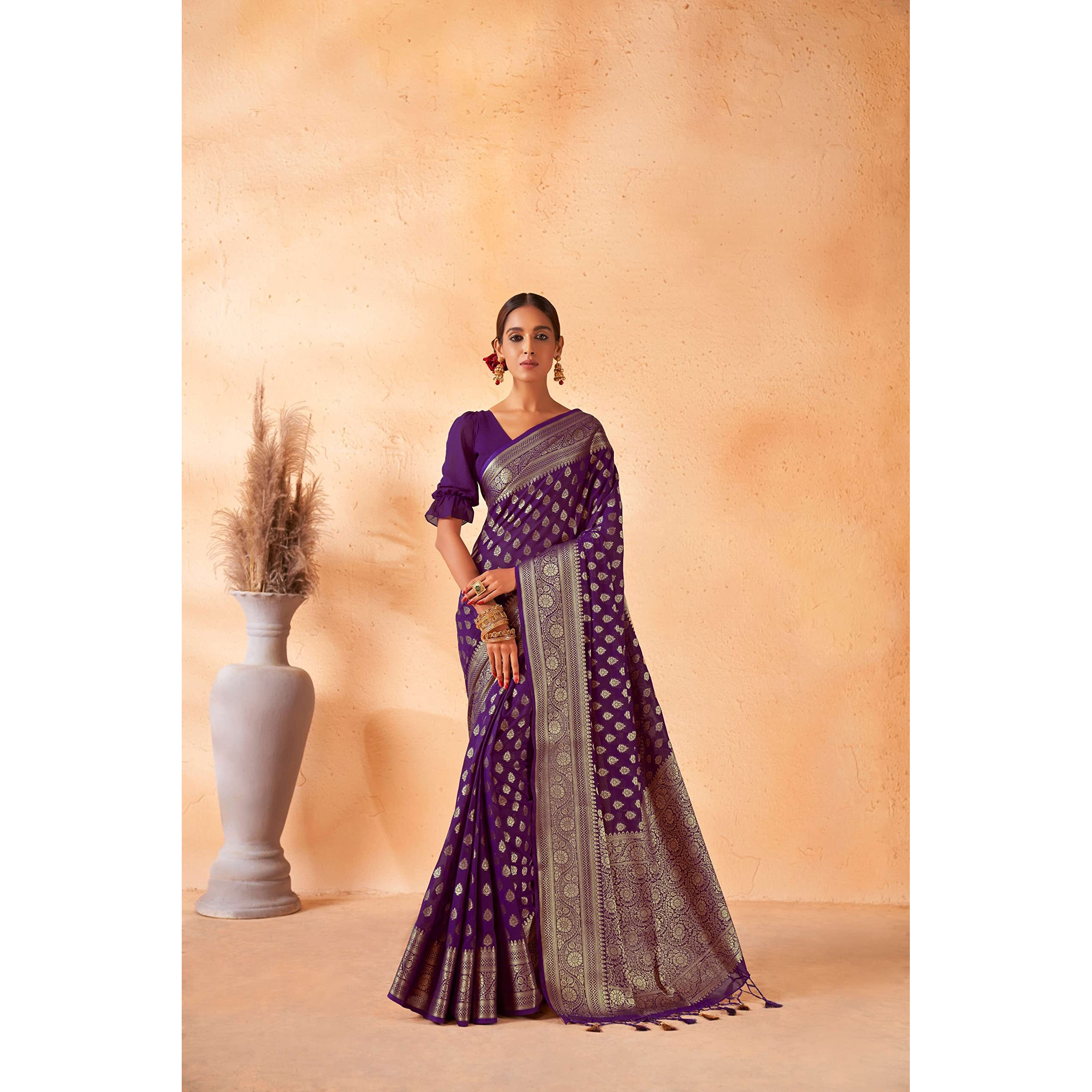Vardha Womens Banarasi Georgette Silk Saree with Unstitched Blouse Piece - Gold Zari Woven Work Sarees for Wedding (Navya_590)
