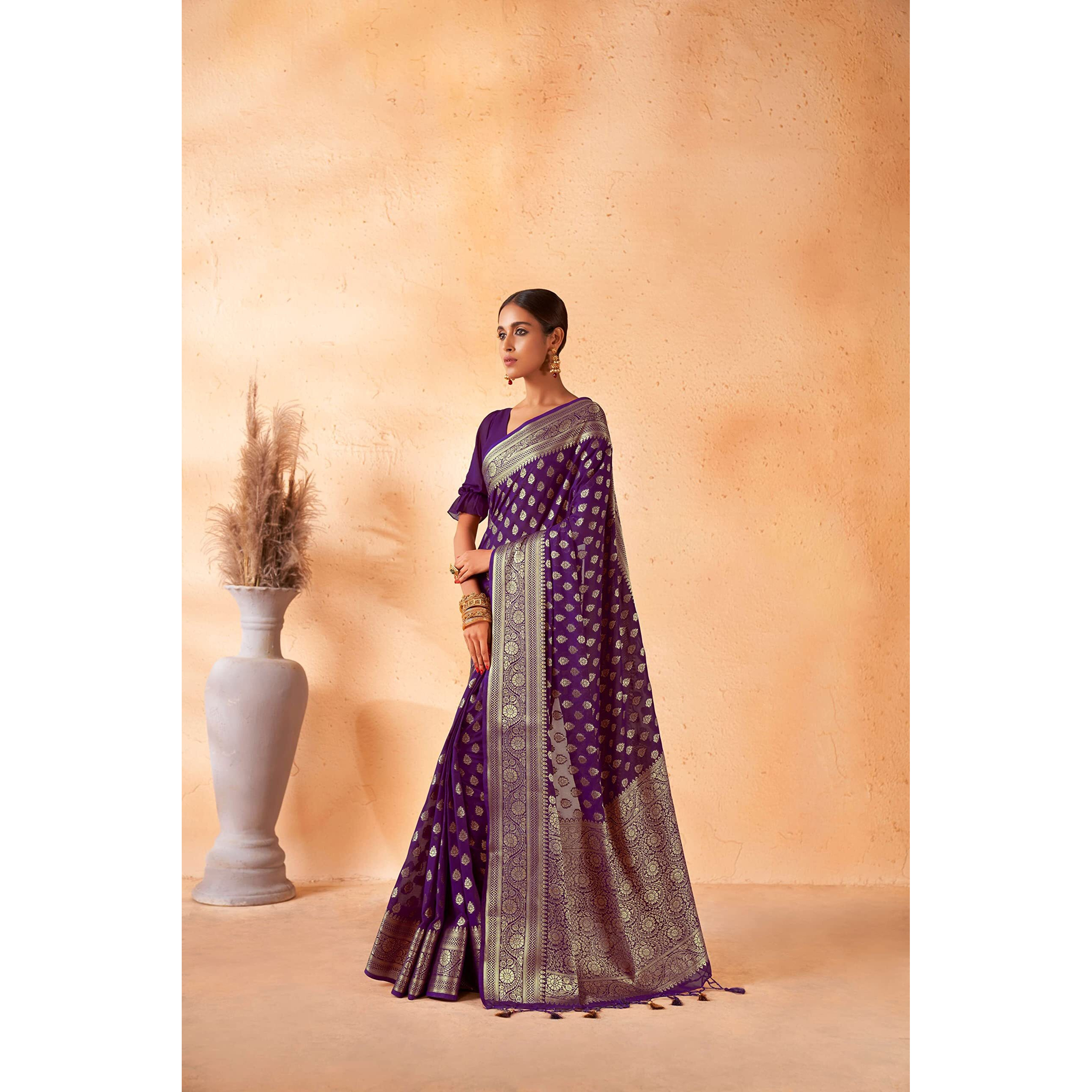 Vardha Womens Banarasi Georgette Silk Saree with Unstitched Blouse Piece - Gold Zari Woven Work Sarees for Wedding (Navya_590)