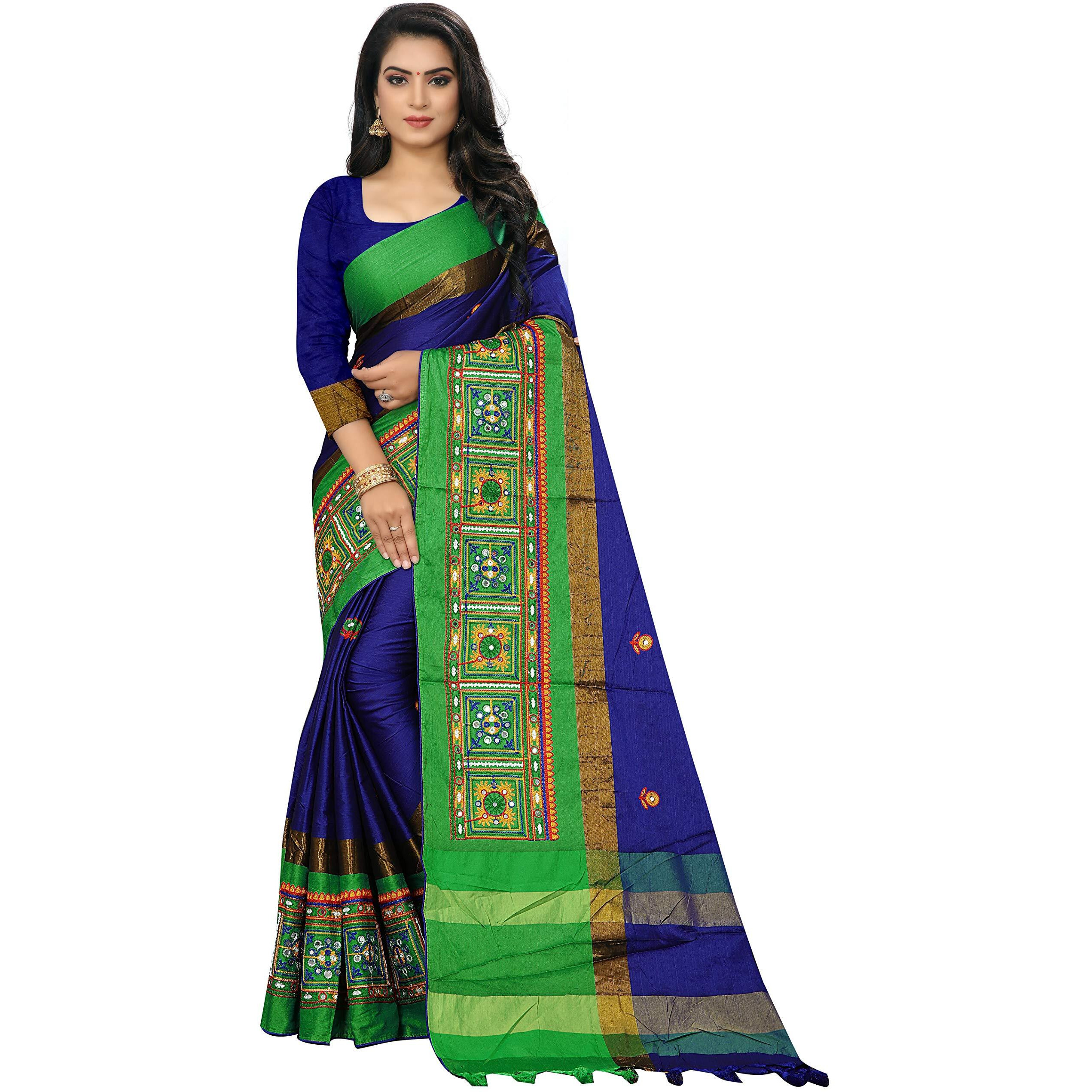SERONA FABRICS Womens Banarasi Cotton Silk Embroidered Work Saree With Blouse Piece