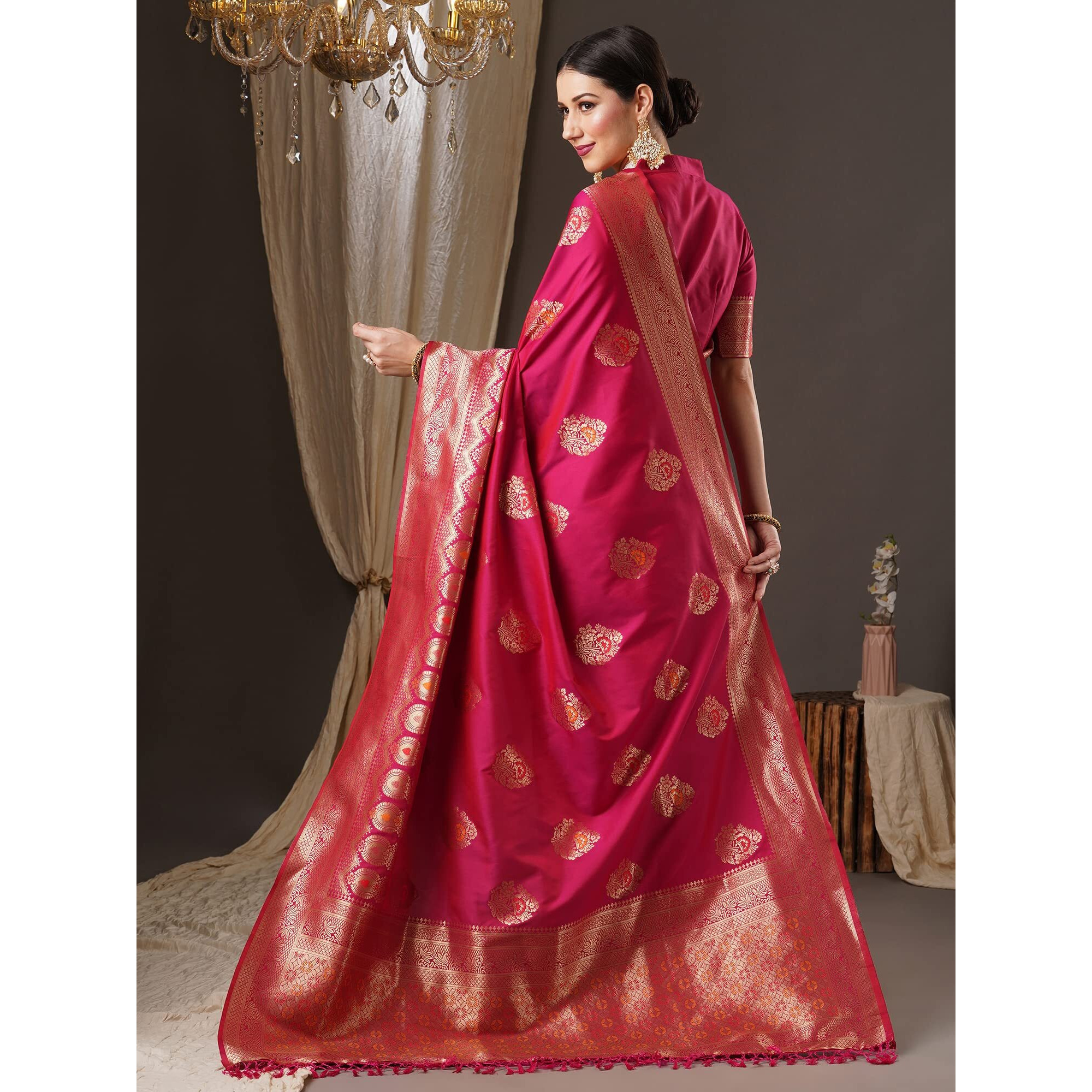 AKHILAM Womens Bagh Banarasi Silk Woven Design Saree With Unstitched Blouse Piece (Pink_14PAKHI1501)