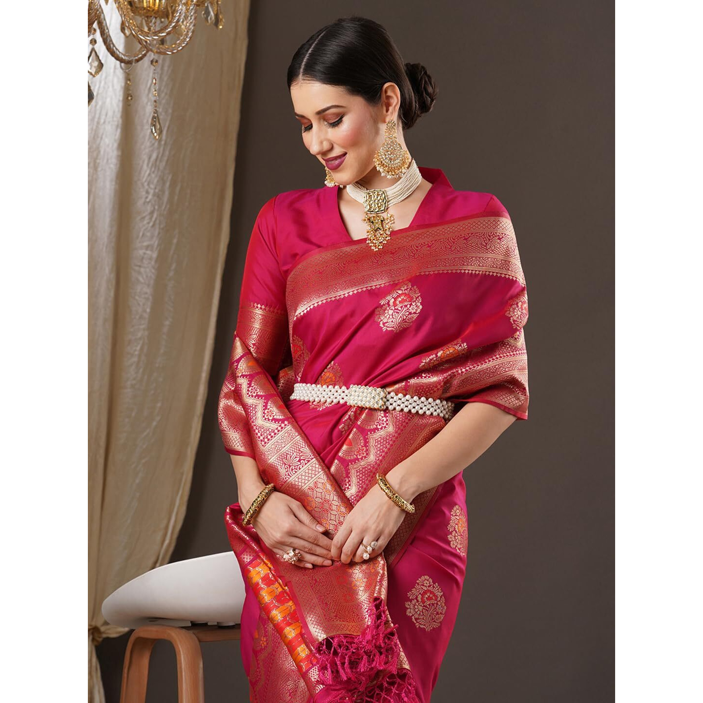 AKHILAM Womens Bagh Banarasi Silk Woven Design Saree With Unstitched Blouse Piece (Pink_14PAKHI1501)