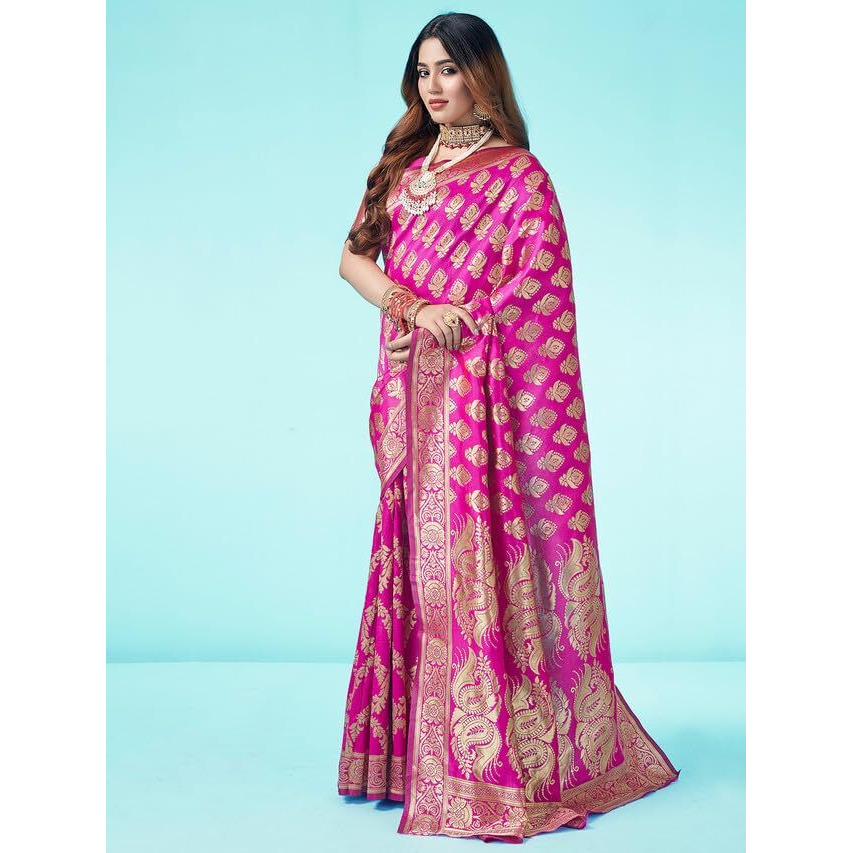 SAMAH Womens Art Silk Banarasi Jacquard Saree with Unstitched Blouse Piece (3409S107N_Rani Pink & Gold2)