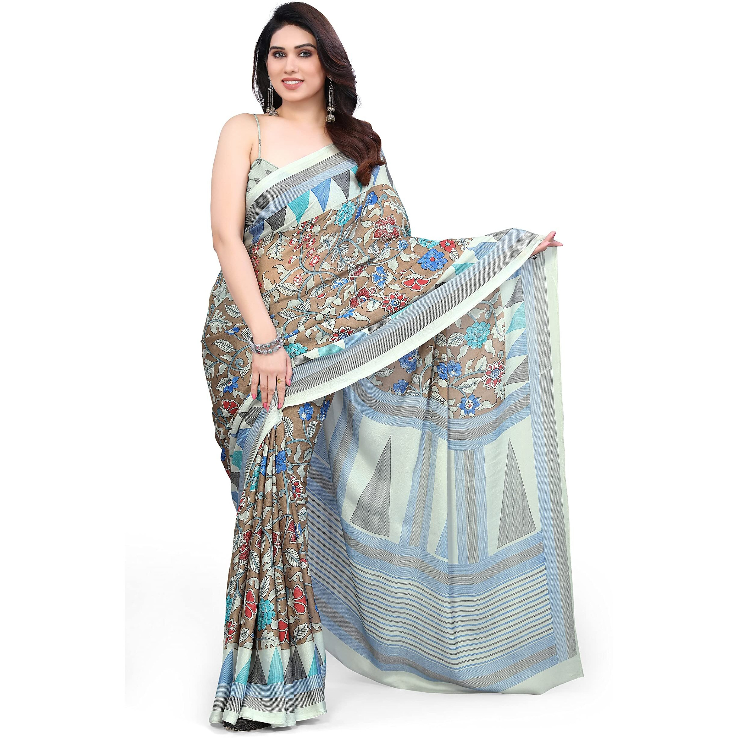 MIRCHI FASHION Womens Plain Weave Chiffon Kalamkari Printed Saree with Blouse Piece (38001-Brown, Red, Blue)