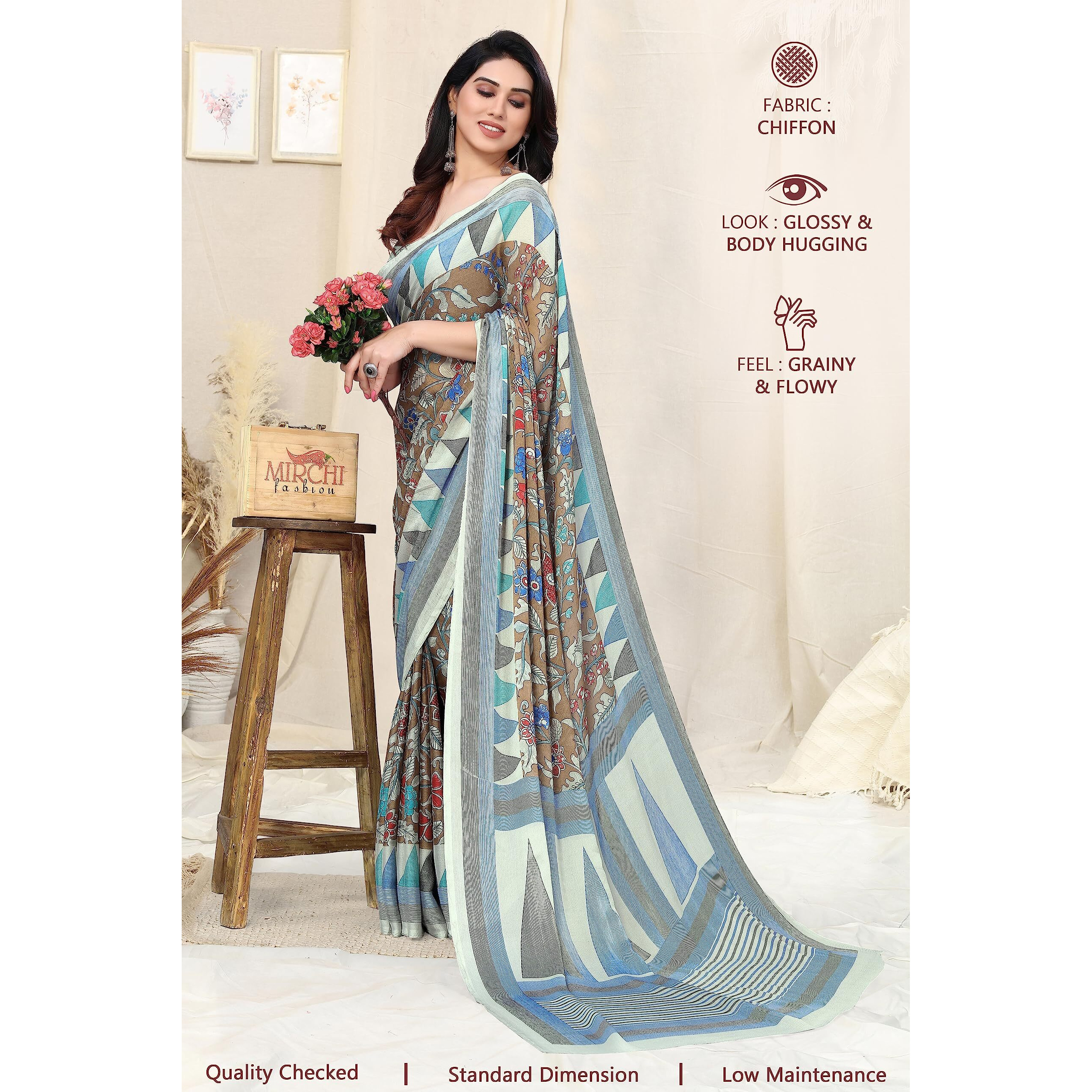 MIRCHI FASHION Womens Plain Weave Chiffon Kalamkari Printed Saree with Blouse Piece (38001-Brown, Red, Blue)