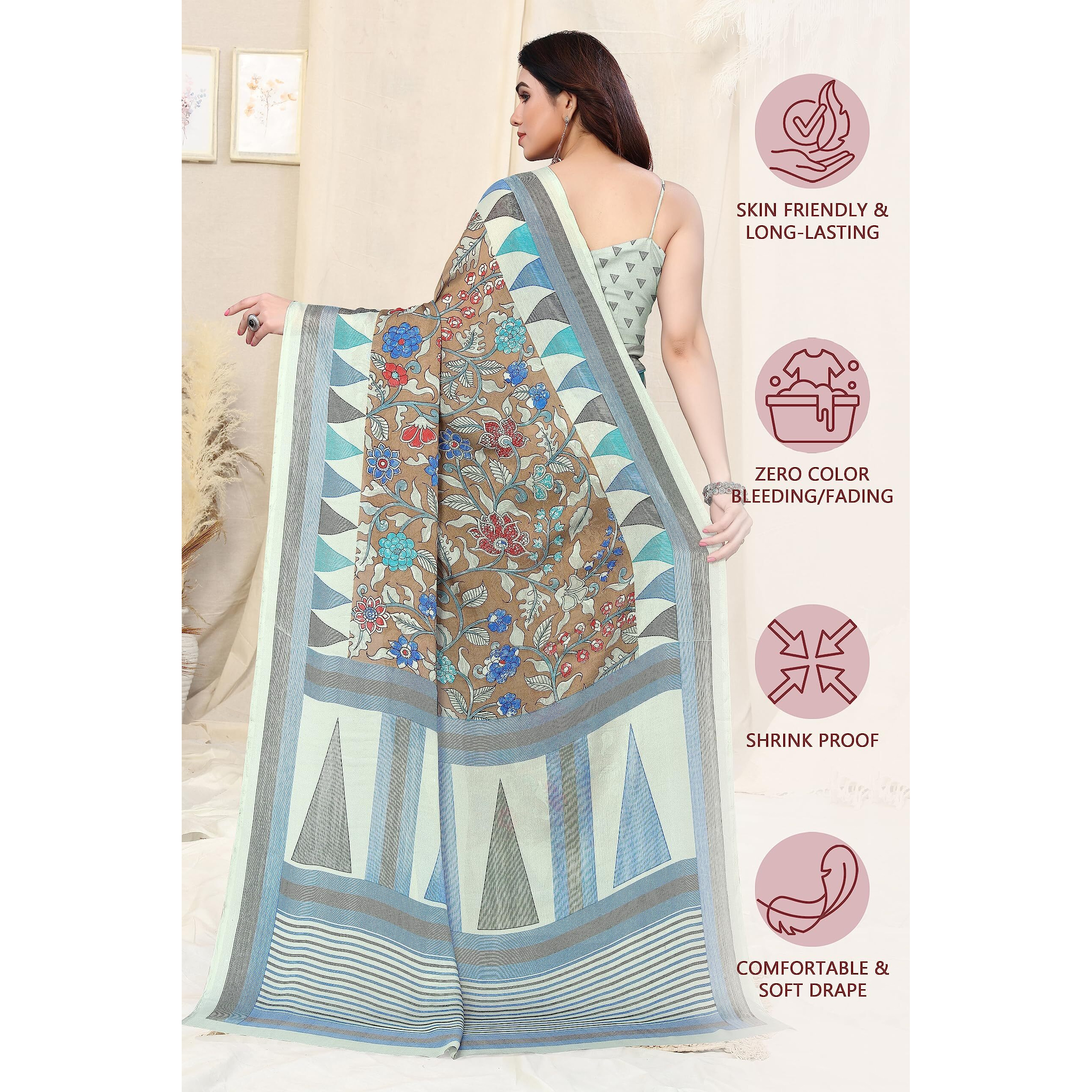 MIRCHI FASHION Womens Plain Weave Chiffon Kalamkari Printed Saree with Blouse Piece (38001-Brown, Red, Blue)