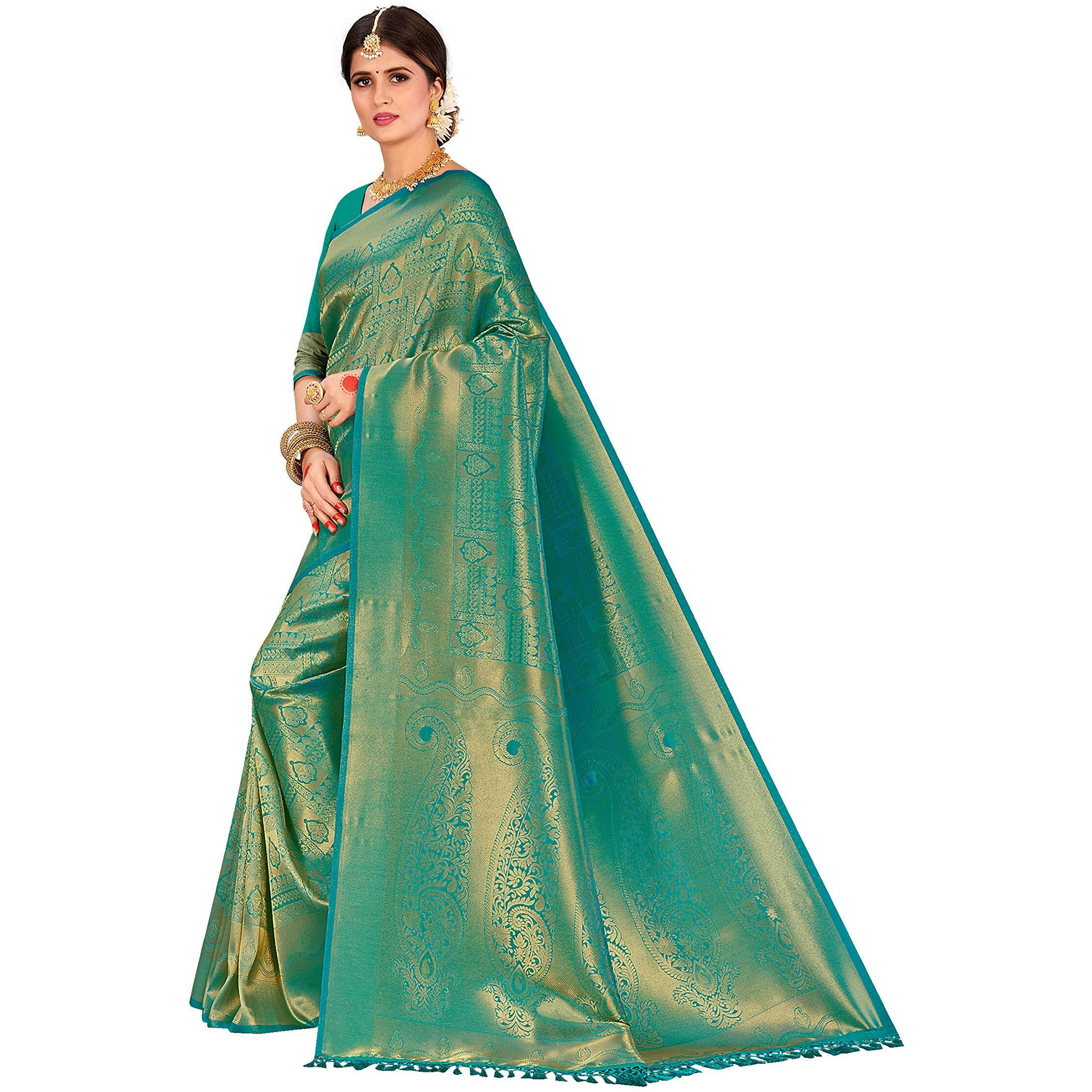 Vardha Womens Kanchipuram Raw Silk Saree with Unstitched Blouse Piece - Zari Woven Work Sarees for Wedding (Kyra Silk, 353, Teal Blue)