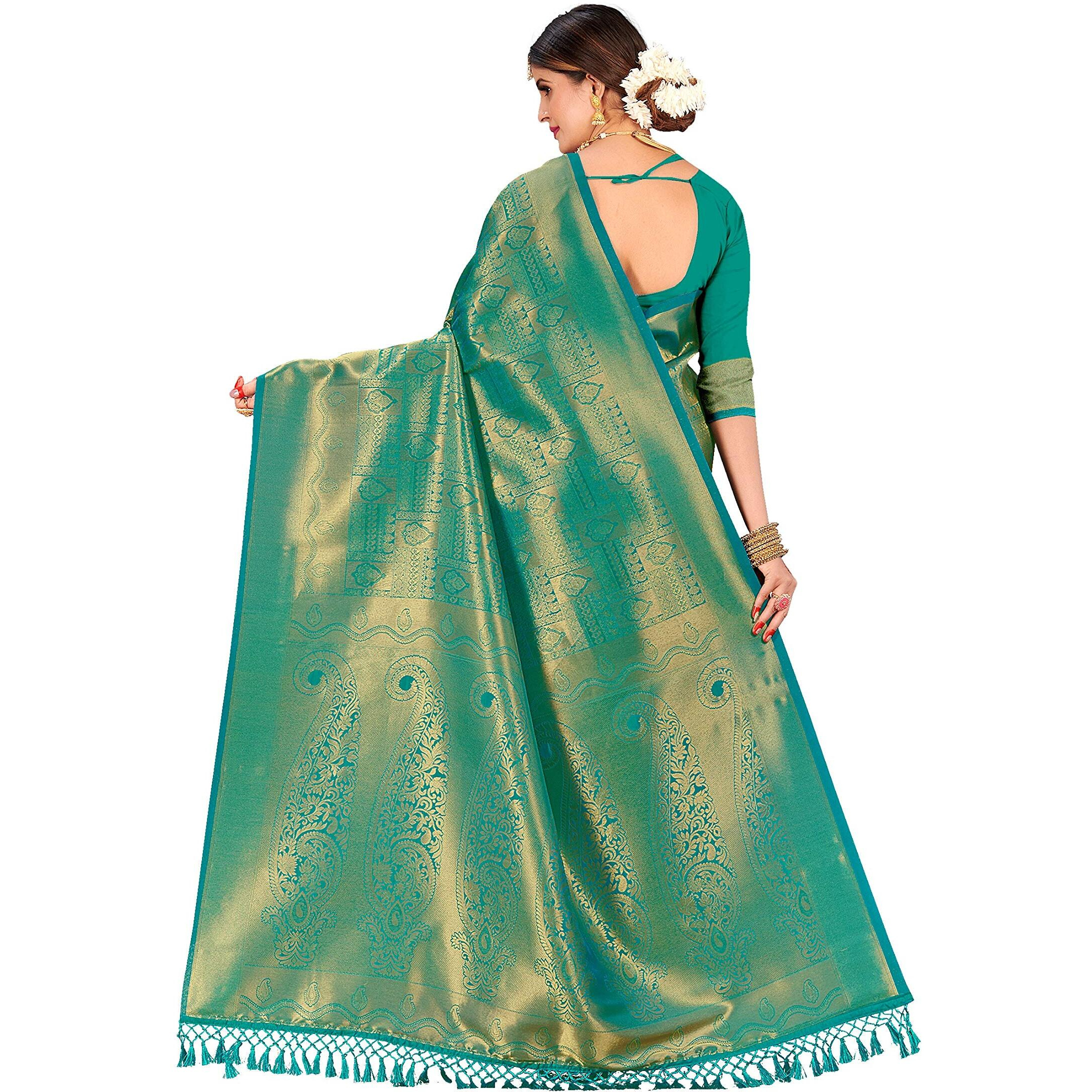 Vardha Womens Kanchipuram Raw Silk Saree with Unstitched Blouse Piece - Zari Woven Work Sarees for Wedding (Kyra Silk, 353, Teal Blue)