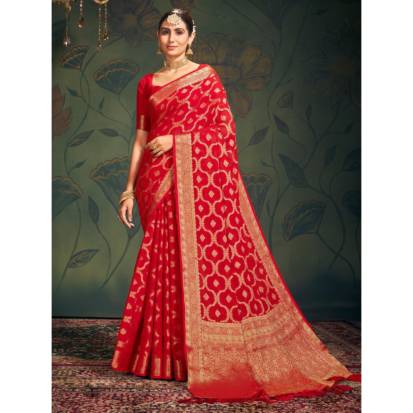 AKHILAM Womens Georgette Ethnic Motif Printed Saree With Unstitched Blouse Piece(Red_ARYA2304_FL)