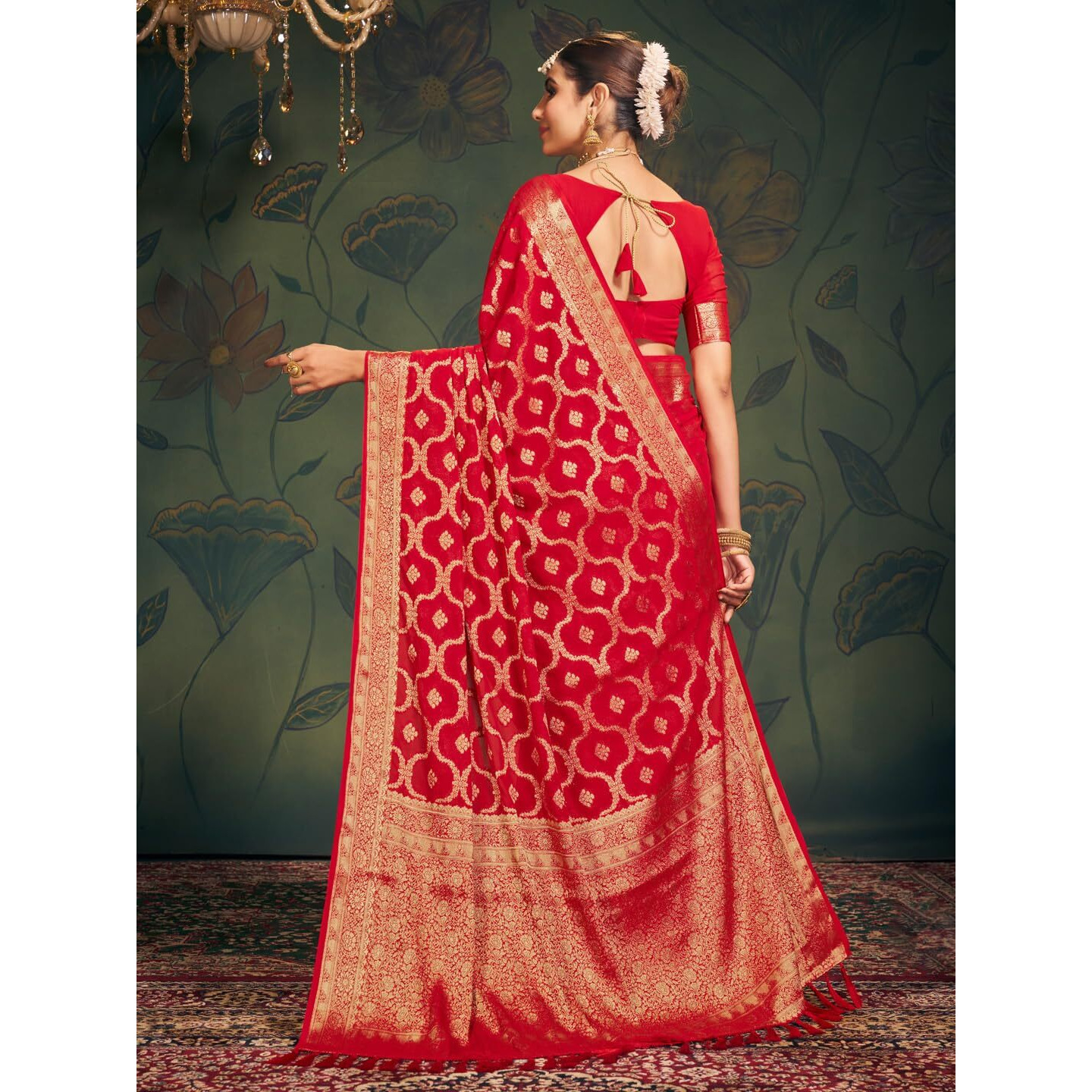 AKHILAM Womens Georgette Ethnic Motif Printed Saree With Unstitched Blouse Piece(Red_ARYA2304_FL)