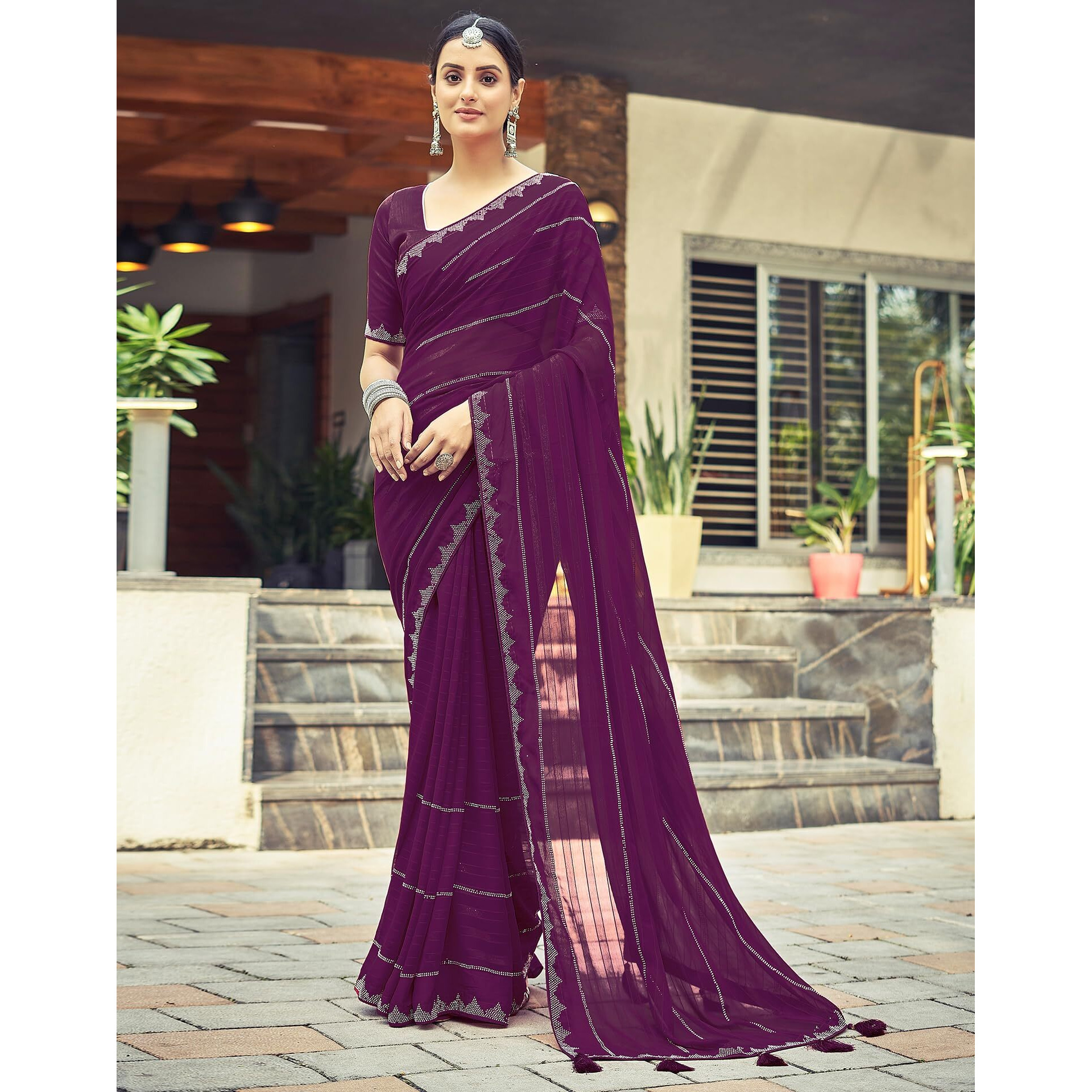 SIRIL Georgette Stone Work Saree for Women With Unstitched Blouse Piece (3432S306_Wine)