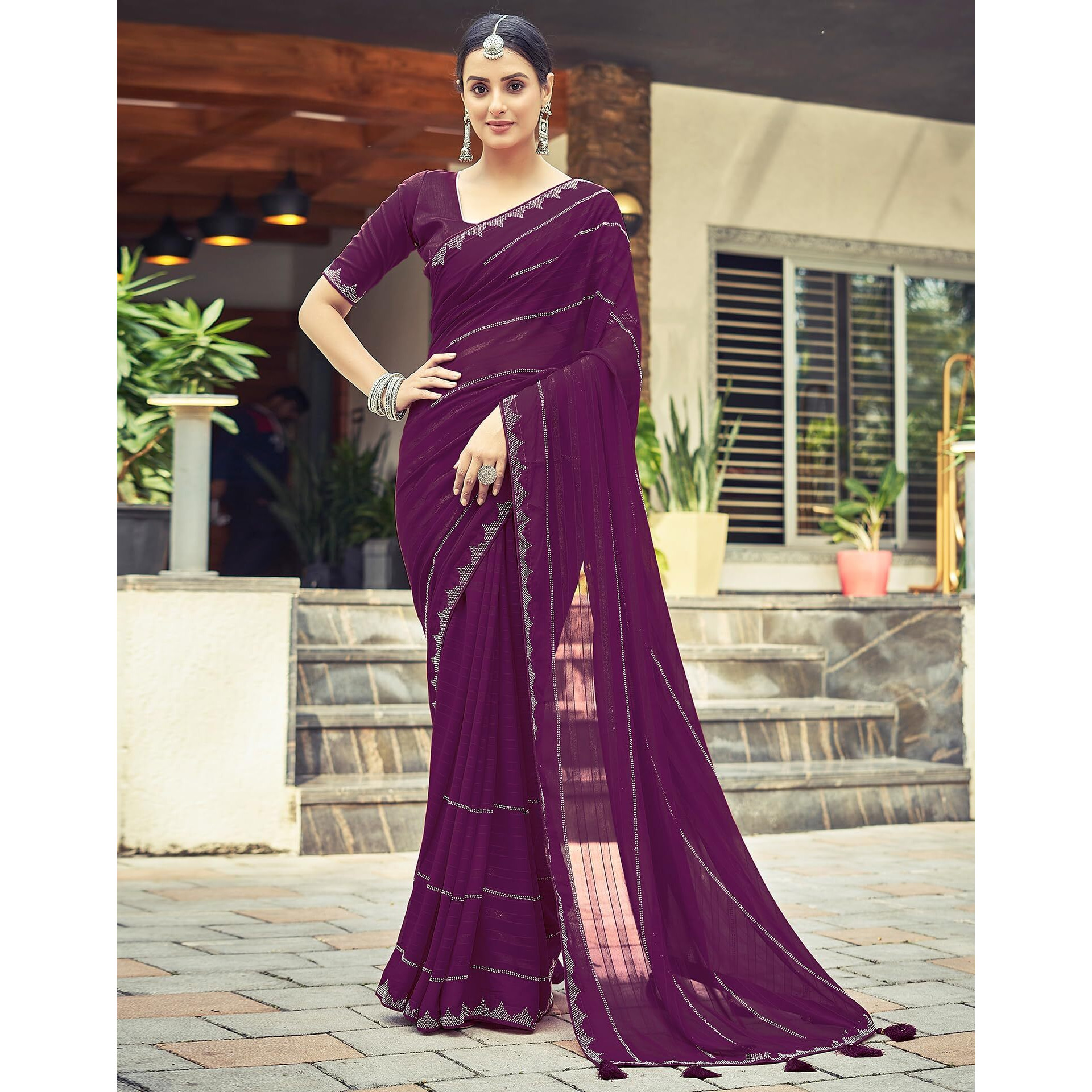 SIRIL Georgette Stone Work Saree for Women With Unstitched Blouse Piece (3432S306_Wine)