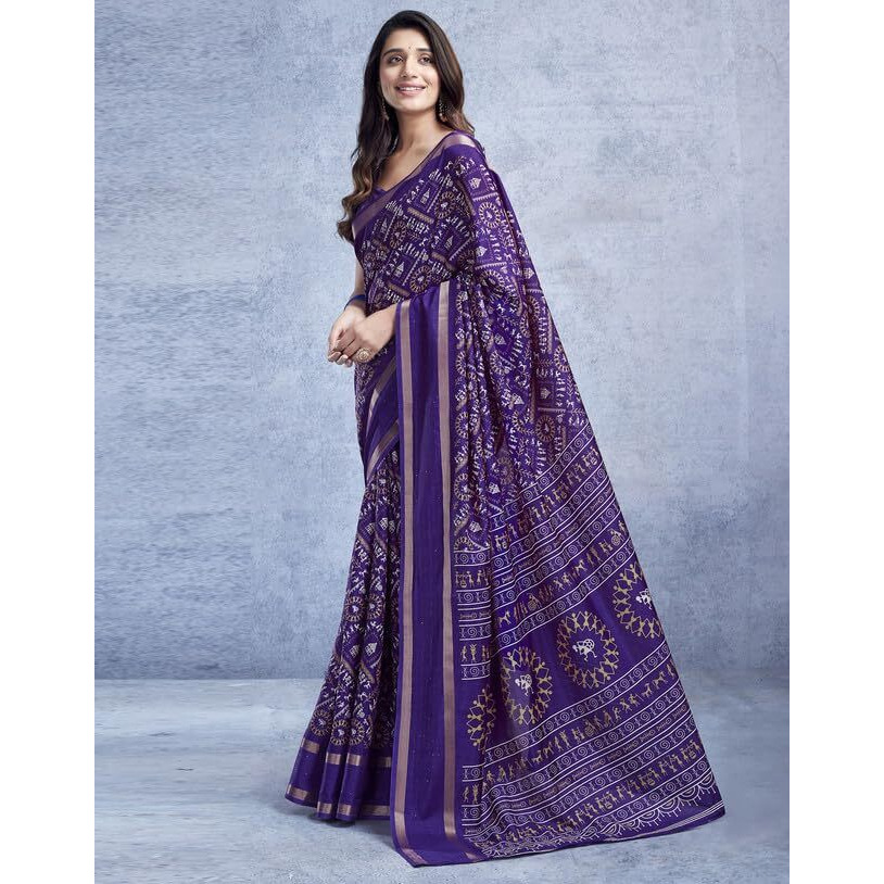 SIRIL Womens Dola Silk Varli Printed Sequence And Zari Border Saree With Unstitched Blouse Piece (3636S214_Violet)