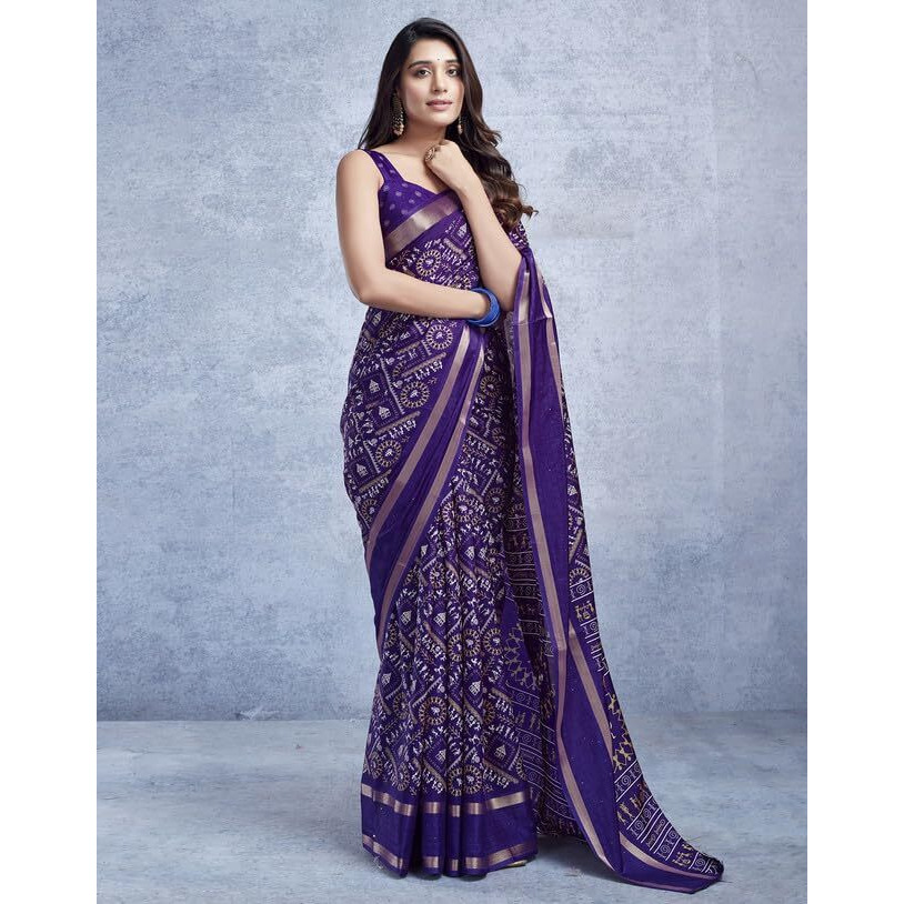 SIRIL Womens Dola Silk Varli Printed Sequence And Zari Border Saree With Unstitched Blouse Piece (3636S214_Violet)