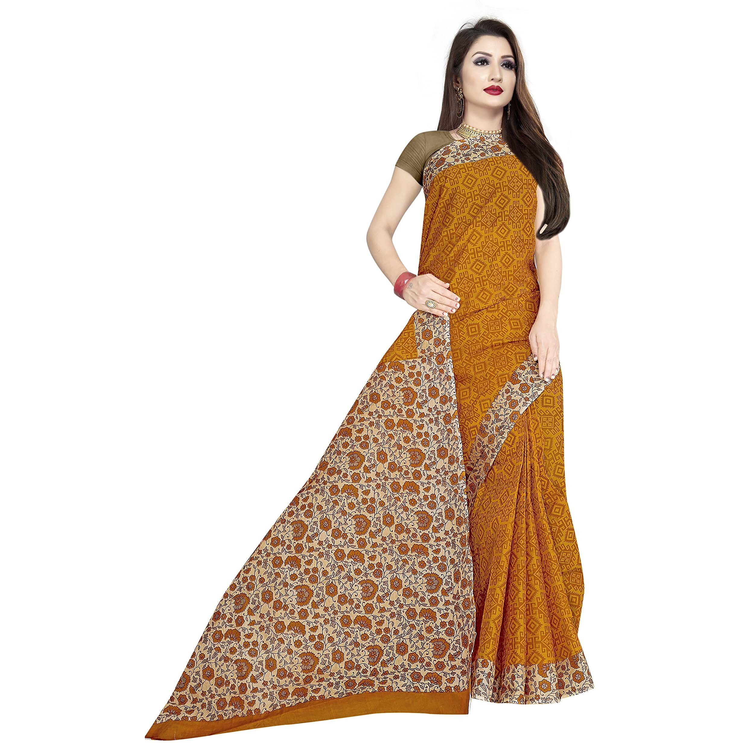 TAMAIRA FASHION Womens Plain Weave Pure Cotton Saree Without Blouse Piece(AB16_Mustard)