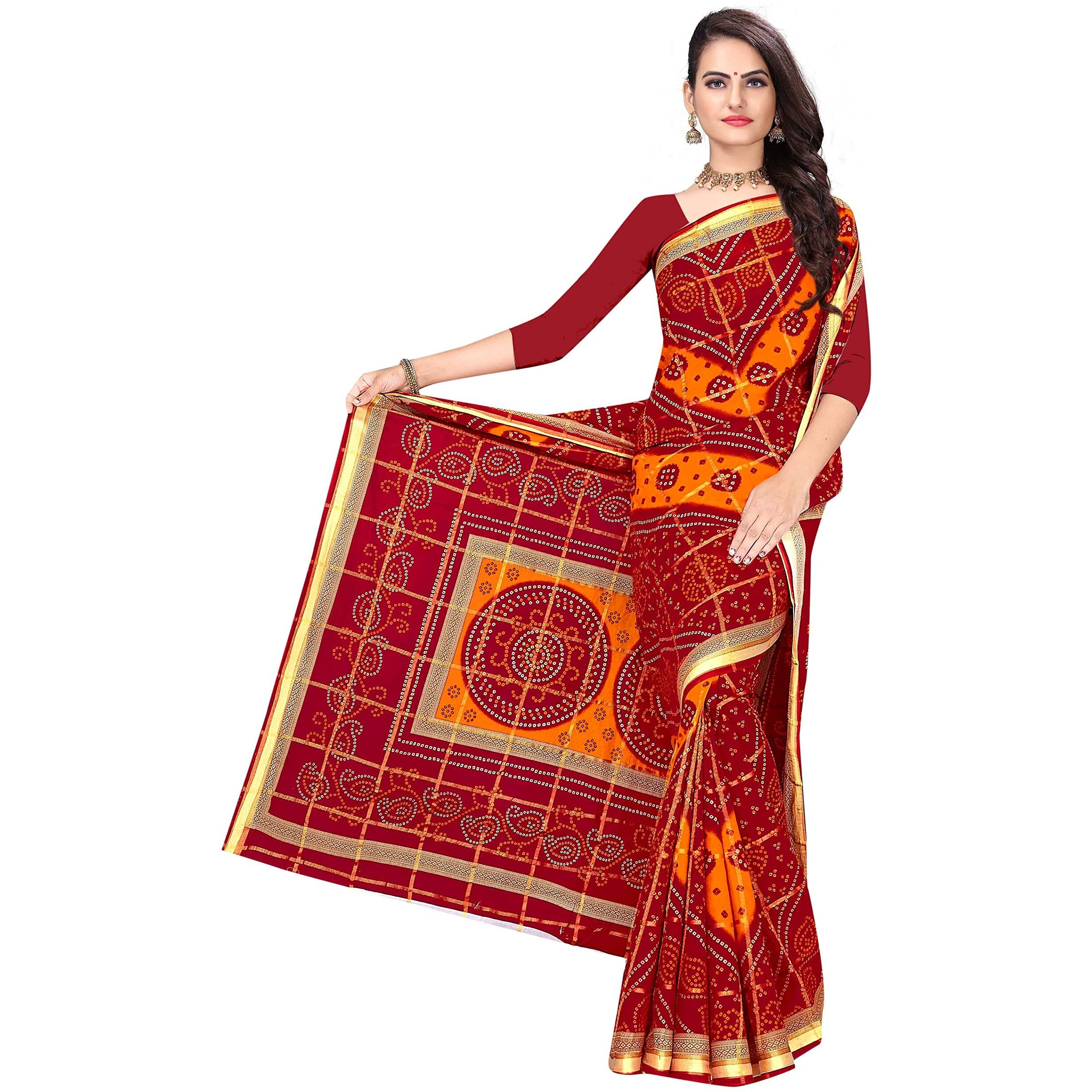 TAMAIRA FASHION Womens Pure Cotton Bandhani Saree Without Blouse Piece(2441_Red)