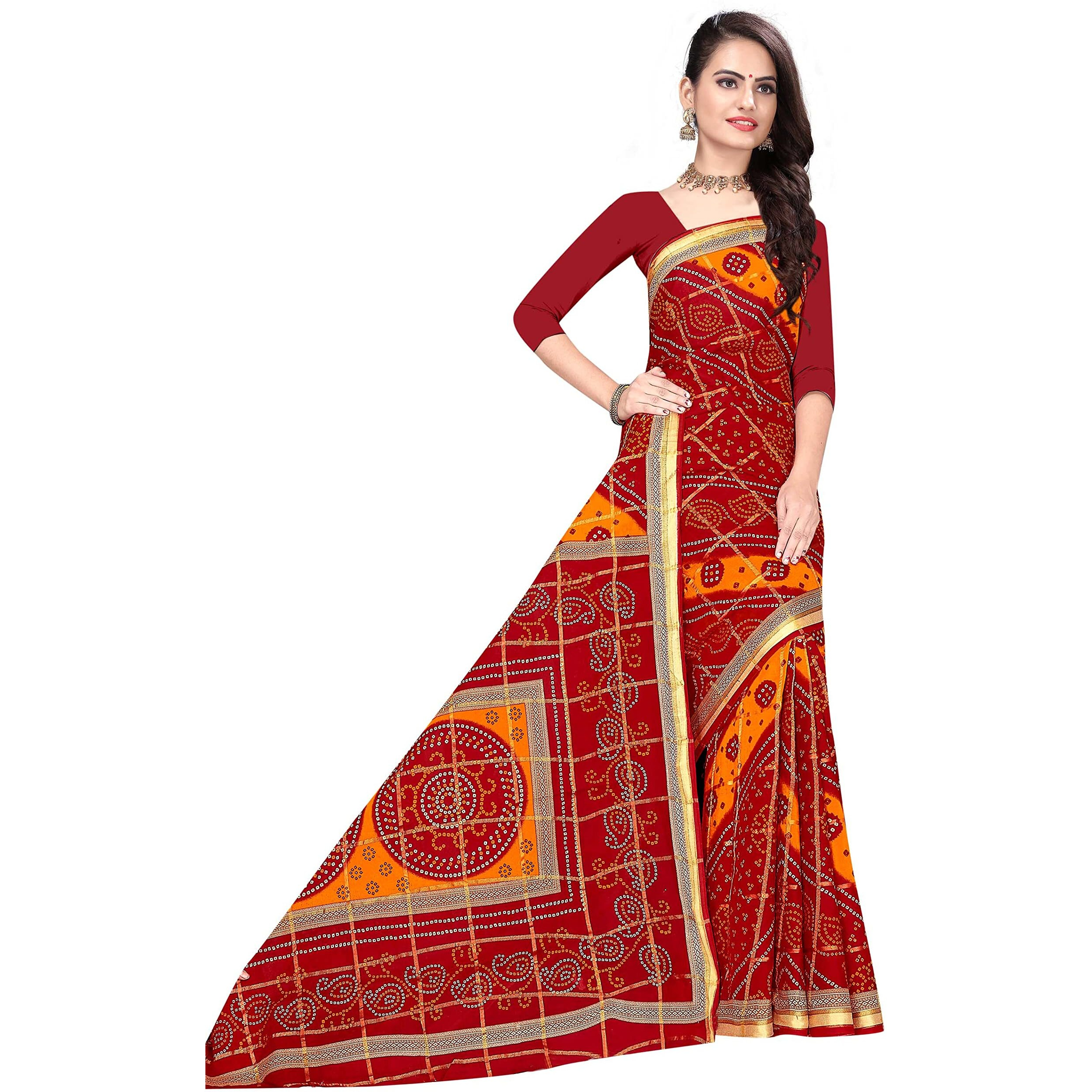 TAMAIRA FASHION Womens Pure Cotton Bandhani Saree Without Blouse Piece(2441_Red)