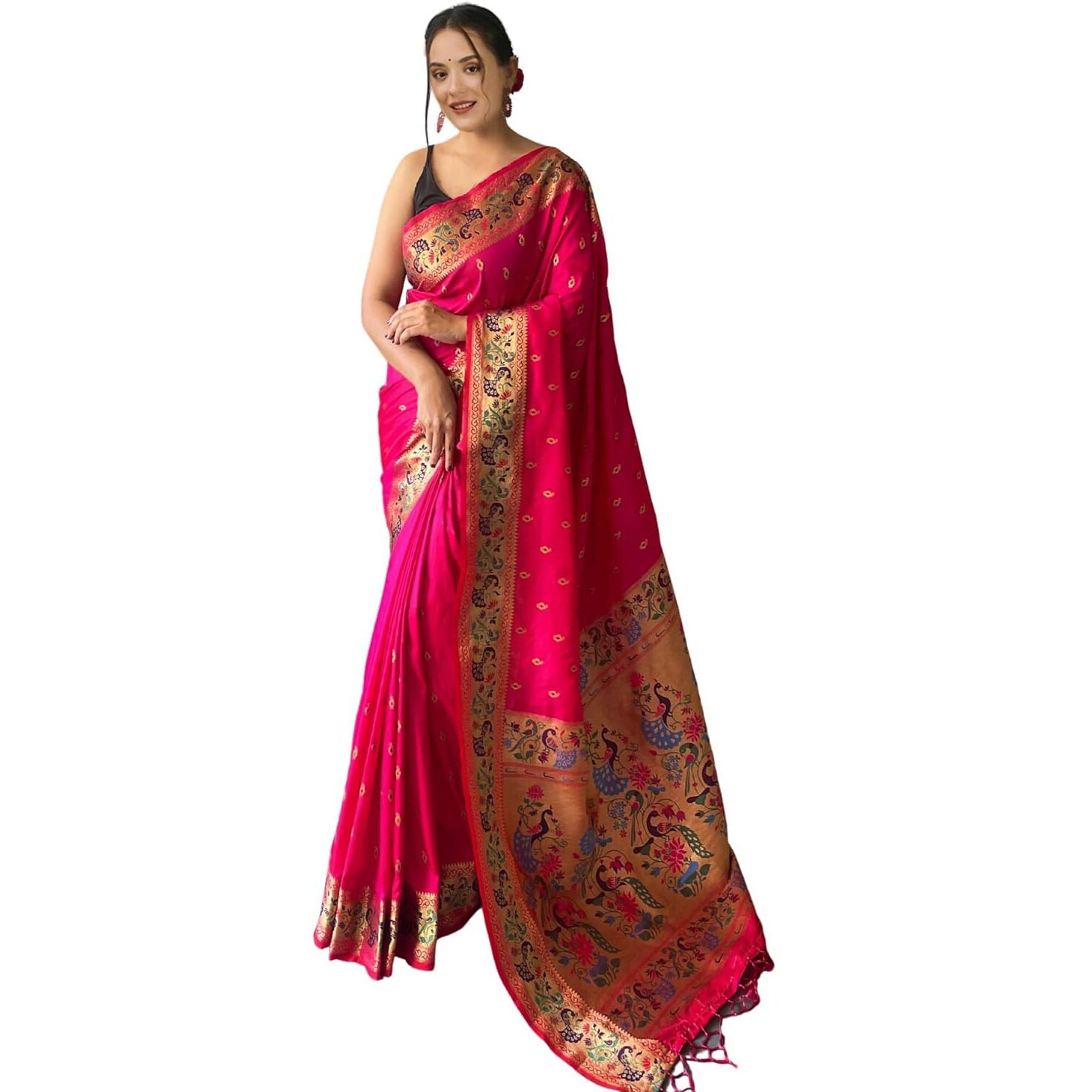 Jaanvi fashion Womens Paithani Silk Saree With Gold-Toned Zari Work & Blouse Piece (queenly-paithani-pink)