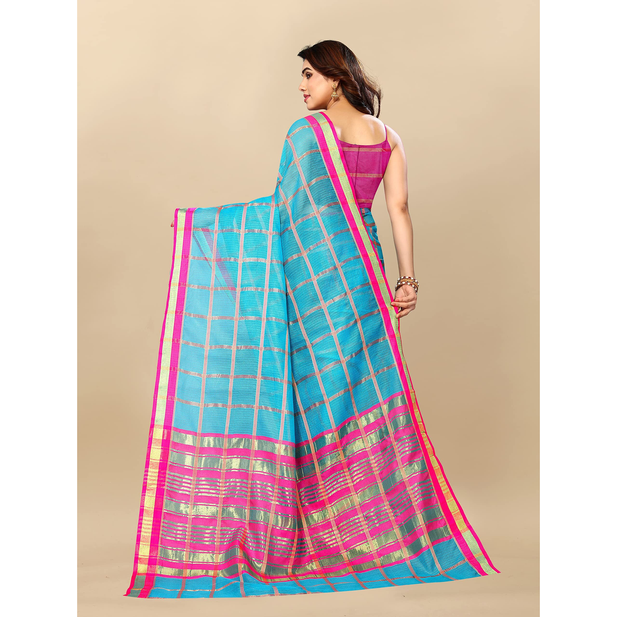 Sidhidata Womens Kota Doria Cotton Checks Saree With Unstitched Blouse Piece (Selfiee Sky Blue_Sky Blue_Free Size)
