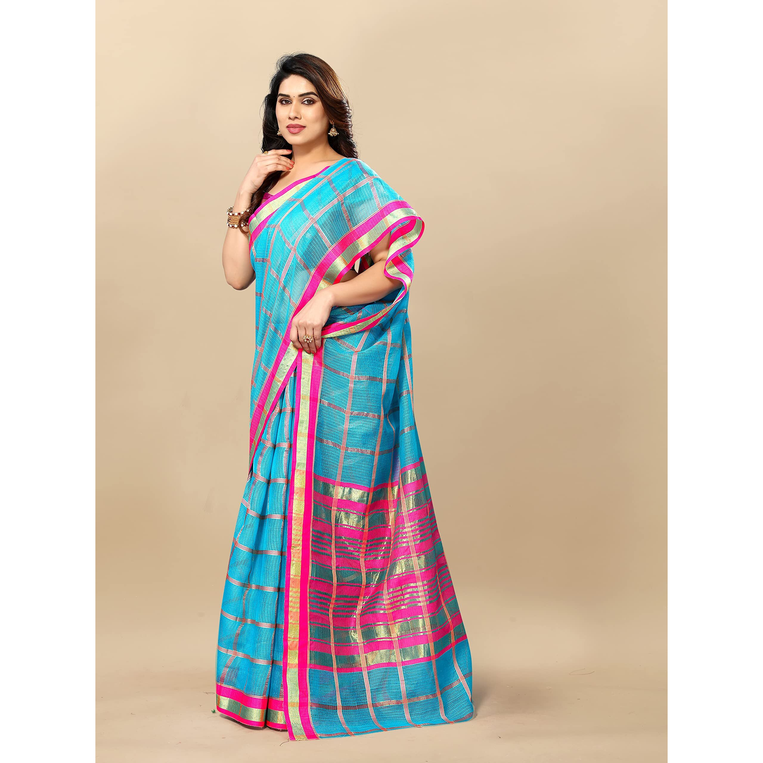 Sidhidata Womens Kota Doria Cotton Checks Saree With Unstitched Blouse Piece (Selfiee Sky Blue_Sky Blue_Free Size)