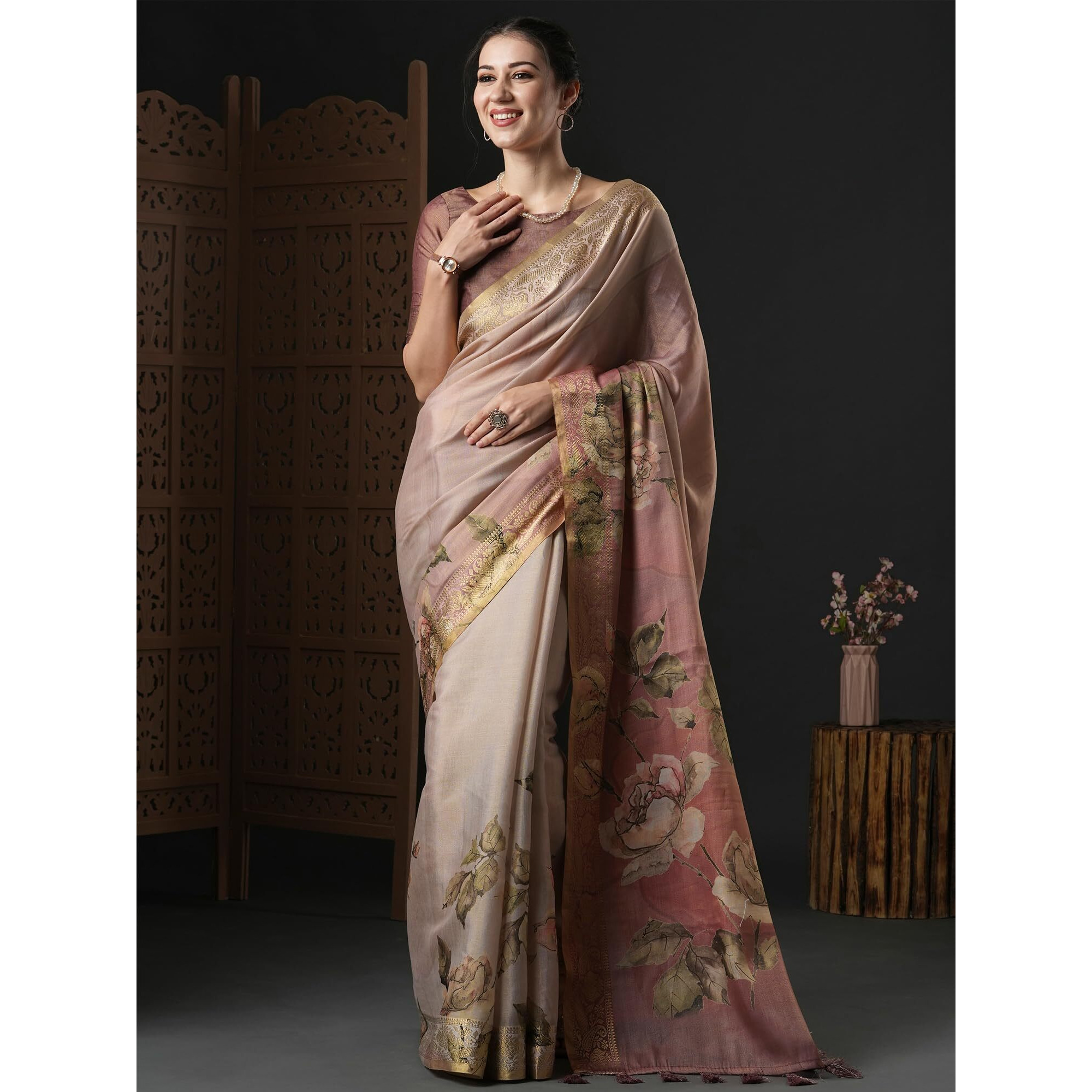AKHILAM Womens Kanjeevaram Silk Floral Printed Saree With Unstitched Blouse Piece(Brown_BAHULA103_SU)