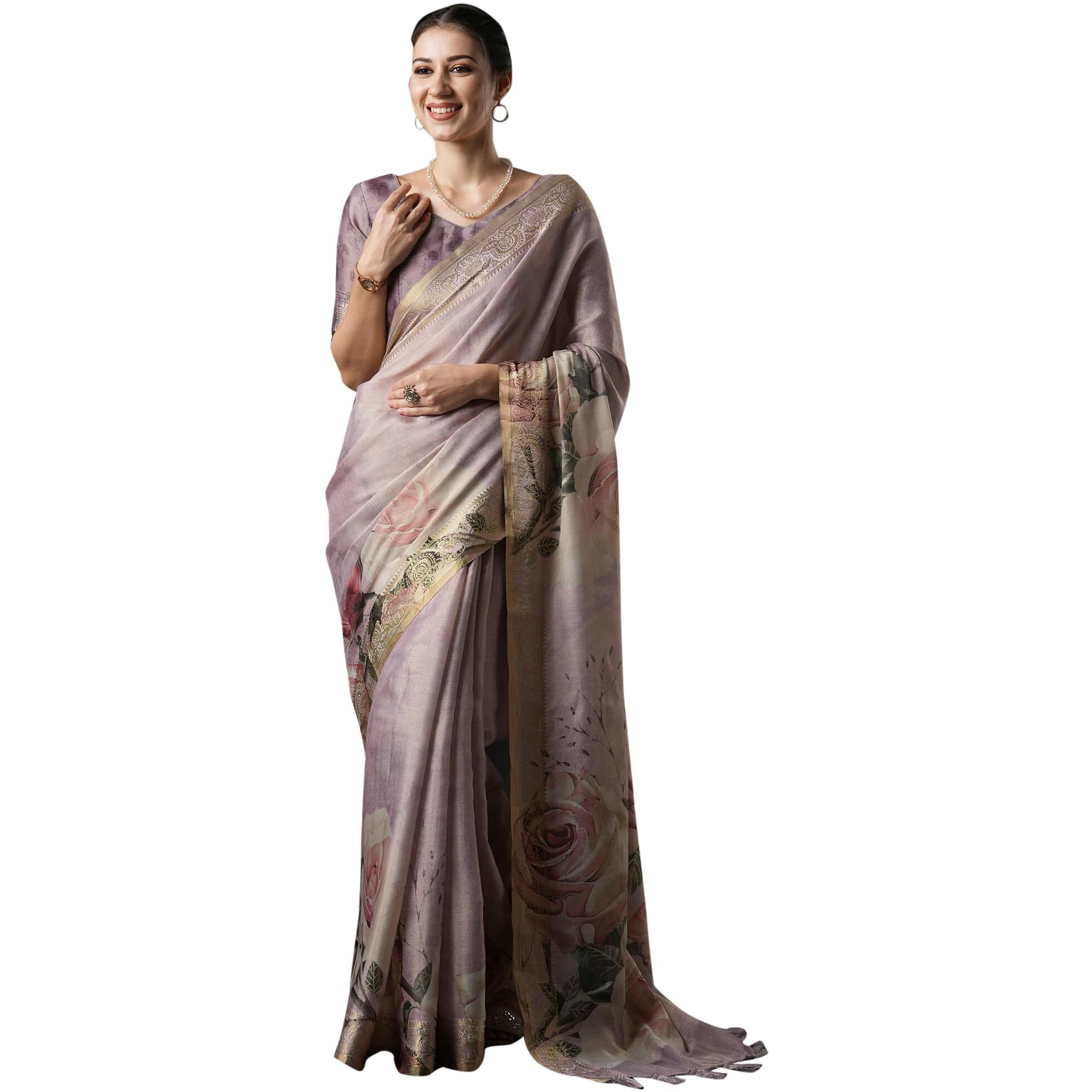 AKHILAM Womens Kanjeevaram Silk Floral Printed Saree With Unstitched Regular Fit Blouse Piece(Lavendar_Bahula104_Su),Multi