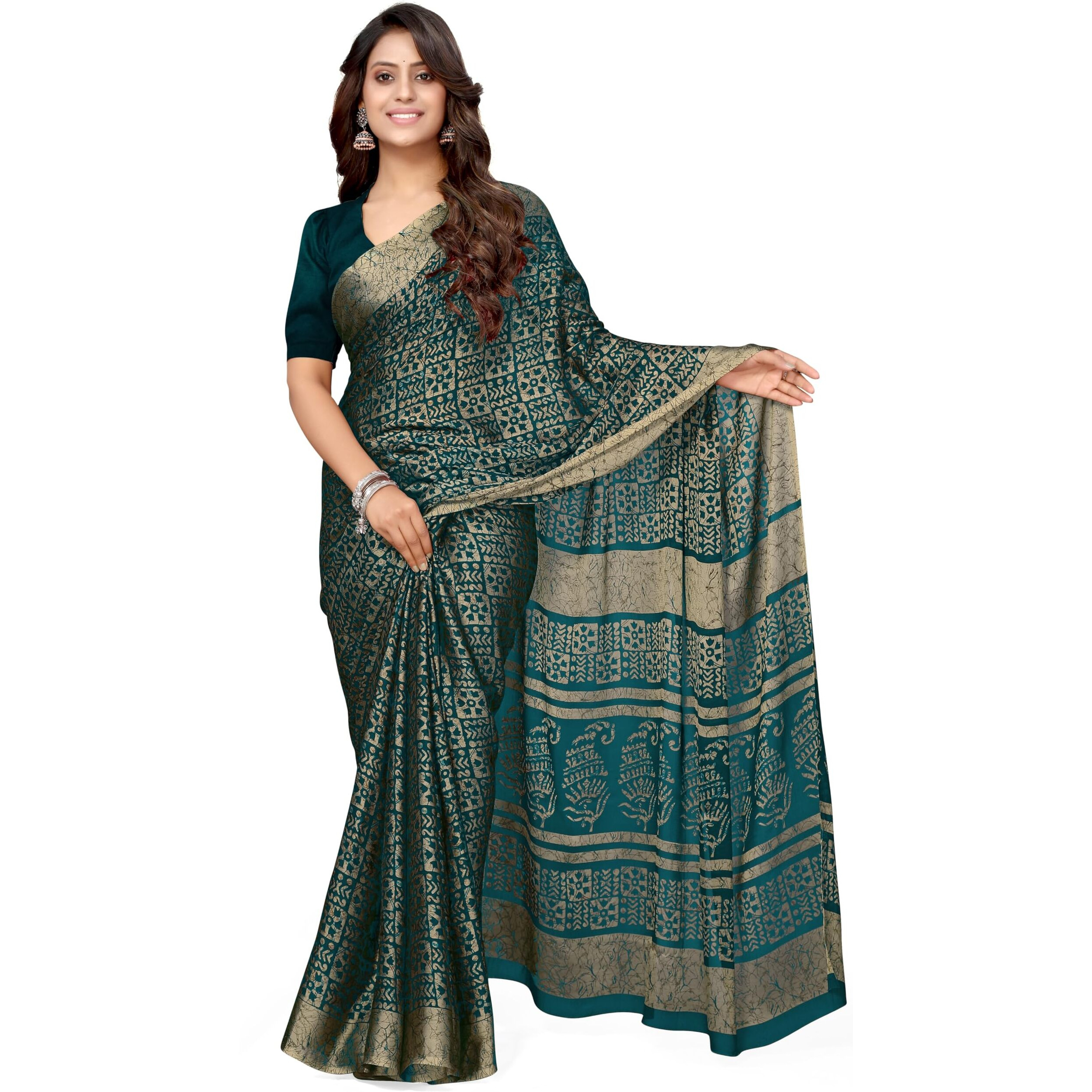 MIRCHI FASHION Womens Chiffon Batik Printed Saree with Blouse Piece (40503-Dark Teal, Beige)
