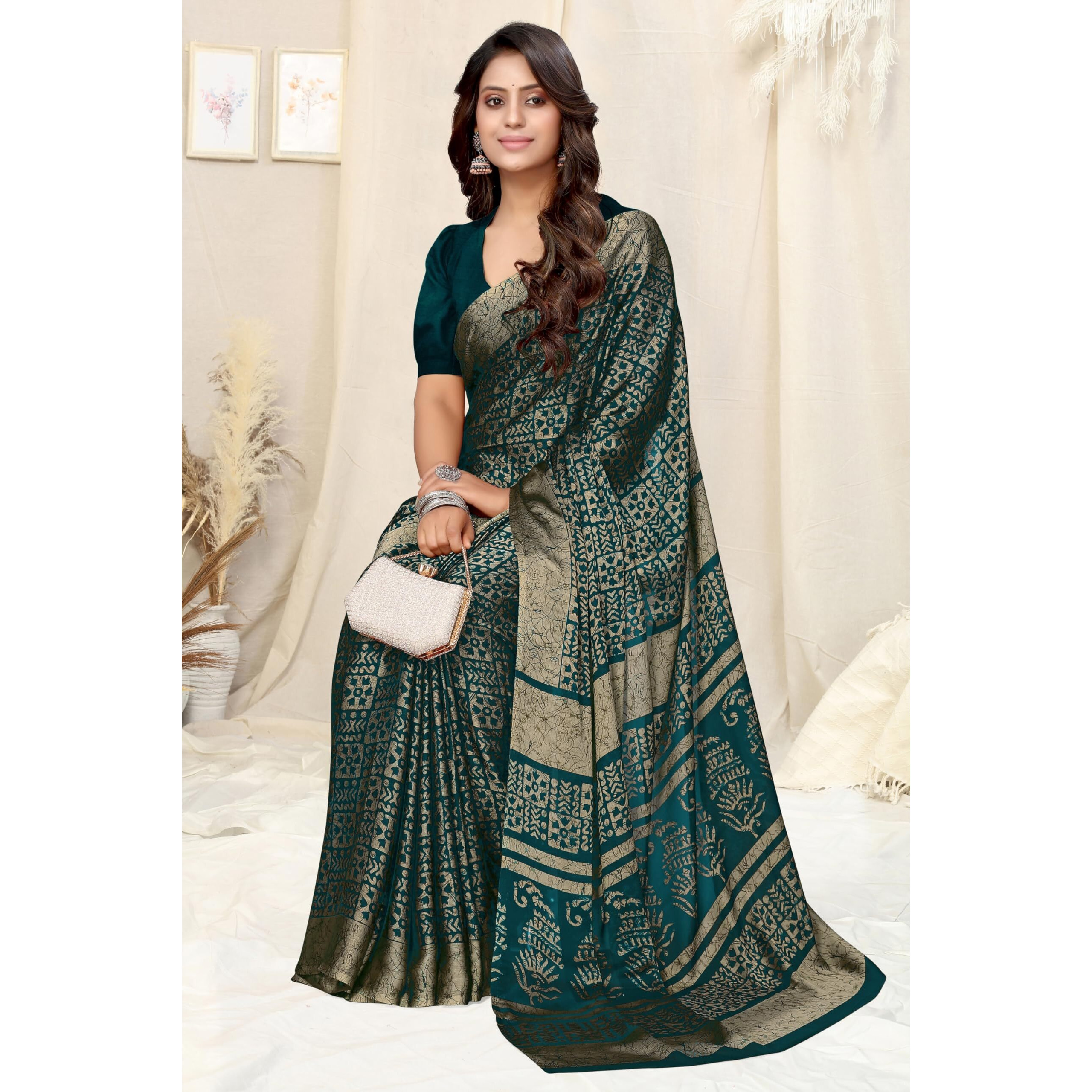 MIRCHI FASHION Womens Chiffon Batik Printed Saree with Blouse Piece (40503-Dark Teal, Beige)
