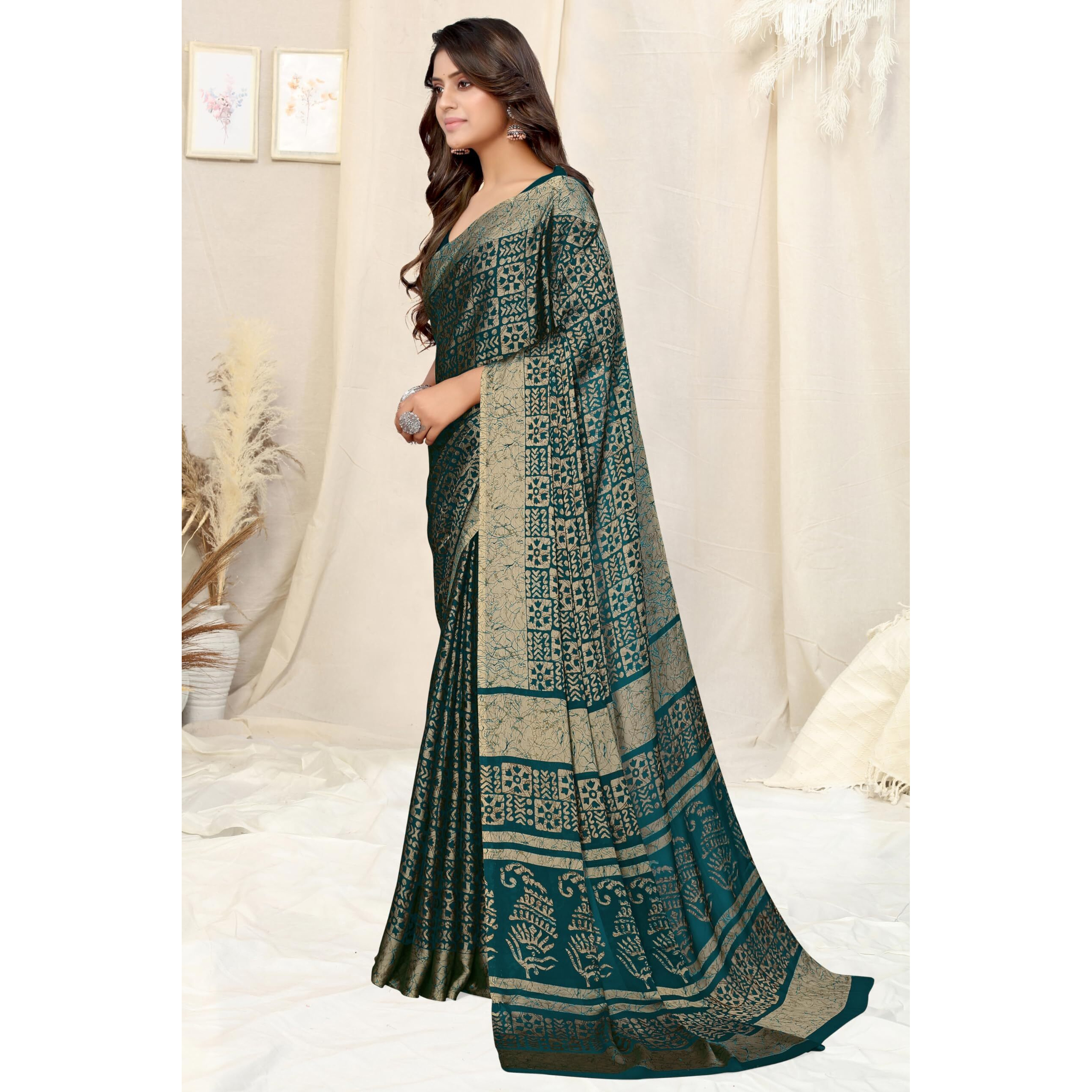 MIRCHI FASHION Womens Chiffon Batik Printed Saree with Blouse Piece (40503-Dark Teal, Beige)