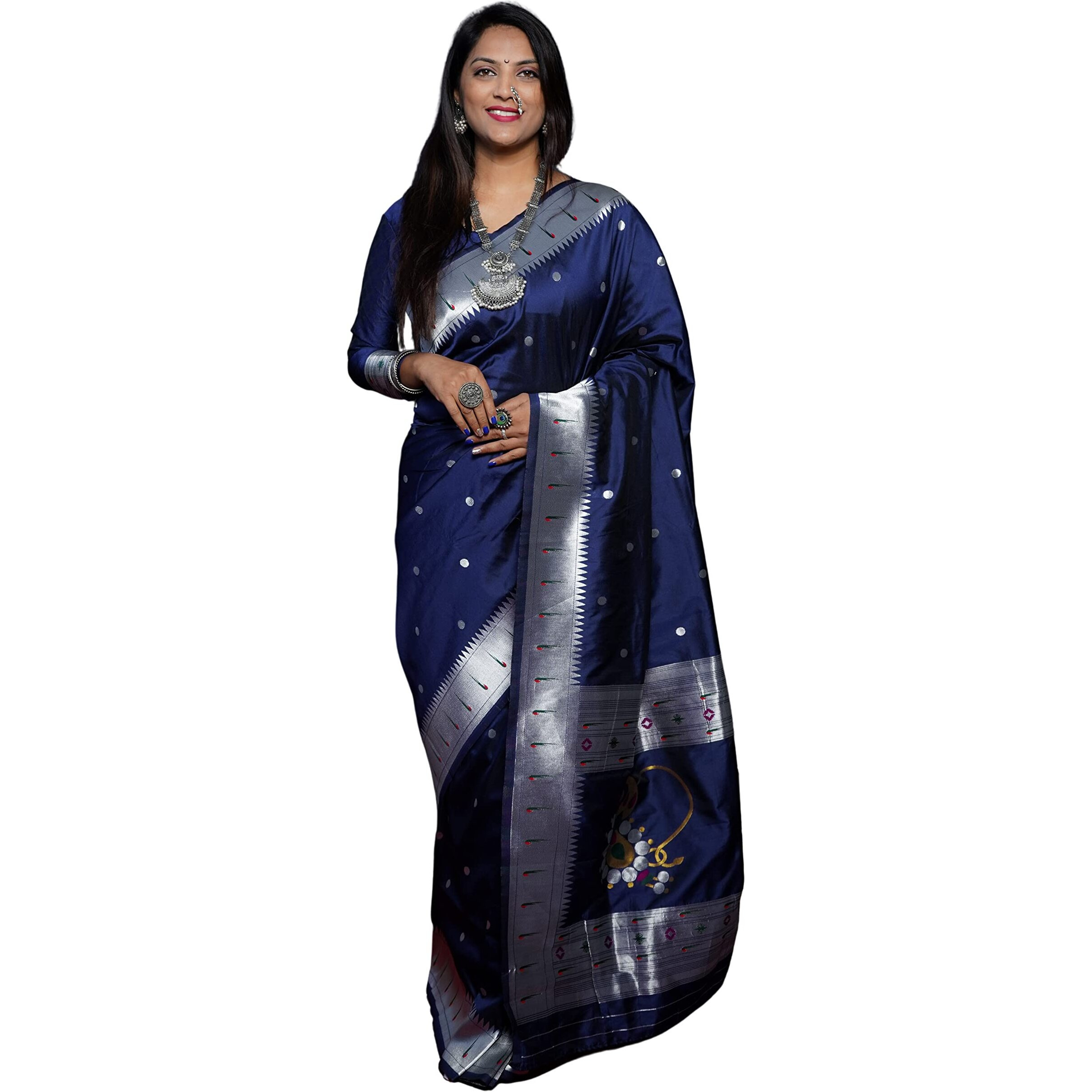 SGF11 Womens Paithani Kanjivaram Pure Silk Handloom Saree Pure Silver Zari With Blouse Piece (Dark Blue)