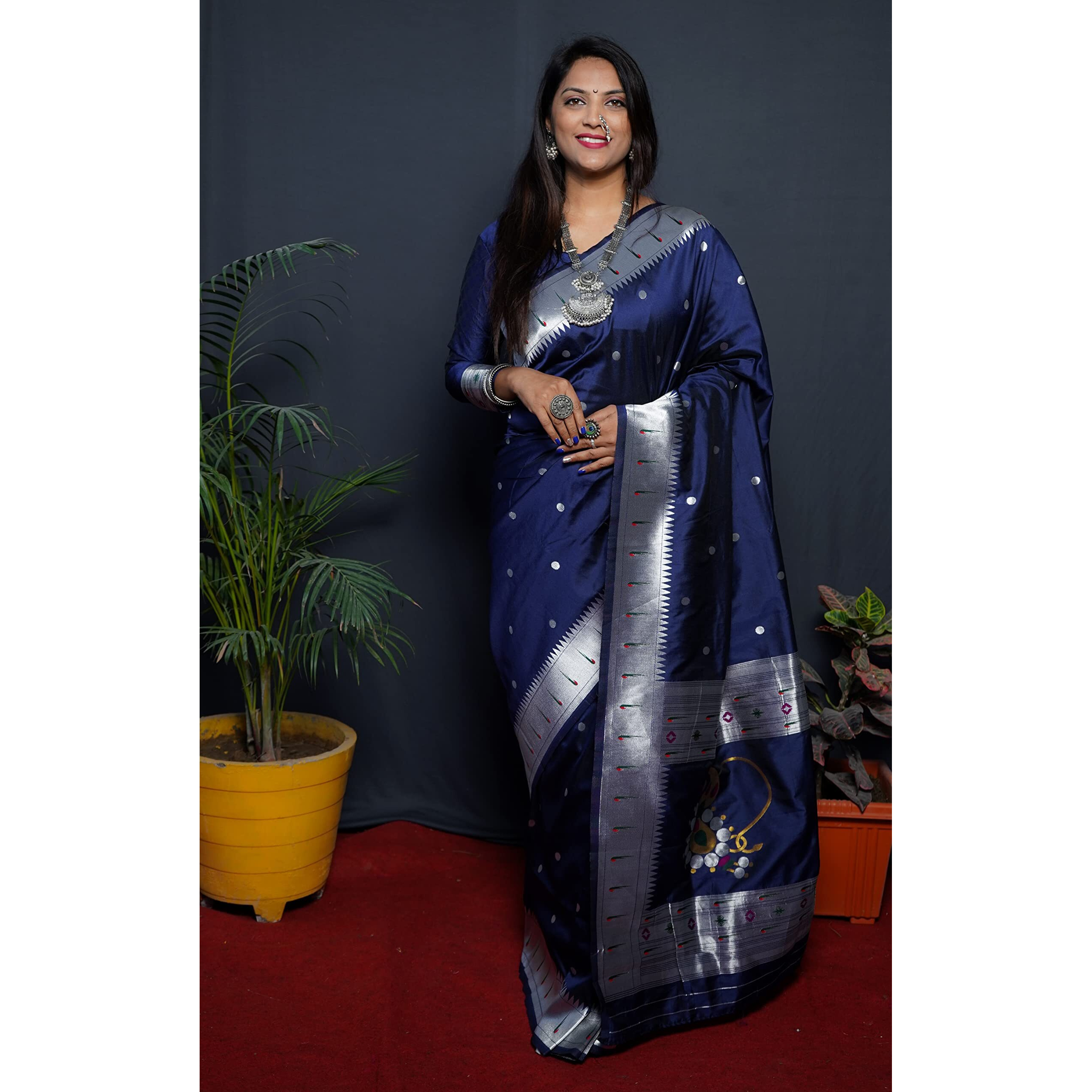 SGF11 Womens Paithani Kanjivaram Pure Silk Handloom Saree Pure Silver Zari With Blouse Piece (Dark Blue)