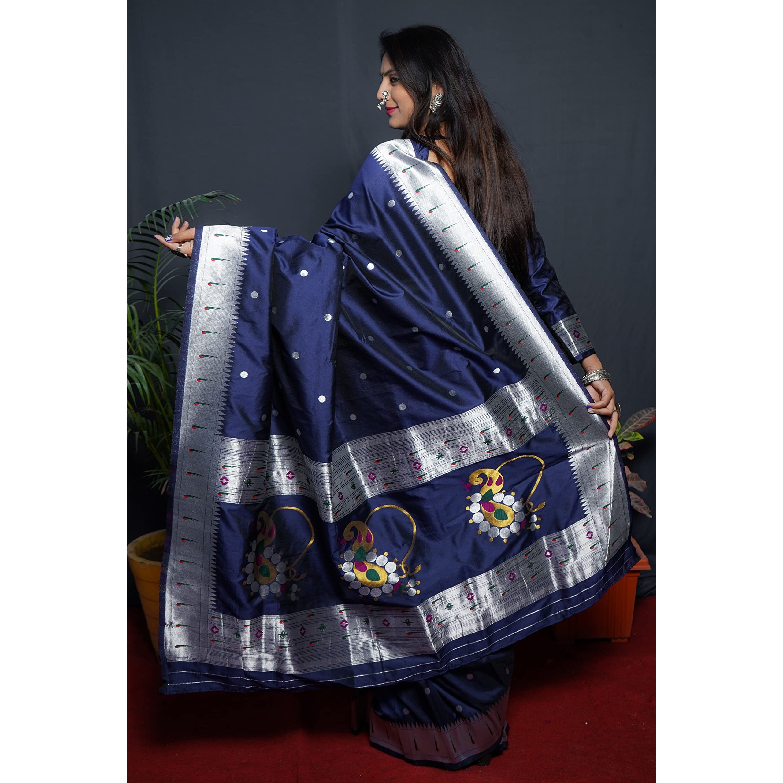 SGF11 Womens Paithani Kanjivaram Pure Silk Handloom Saree Pure Silver Zari With Blouse Piece (Dark Blue)