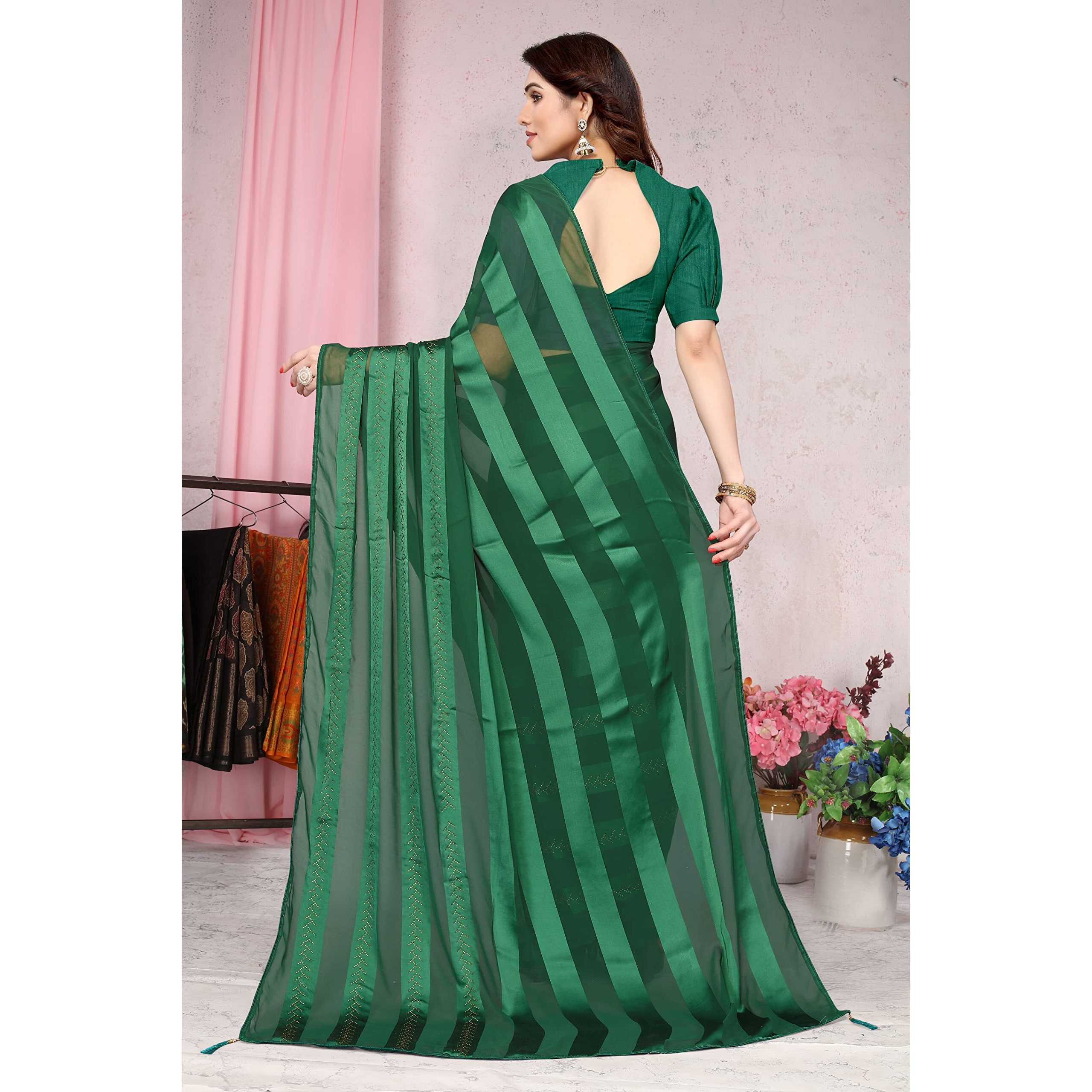MIRCHI FASHION Womens Plain Weave Georgette Satin Stripes Stone Embellished Saree with Blouse Piece (37211-Green)