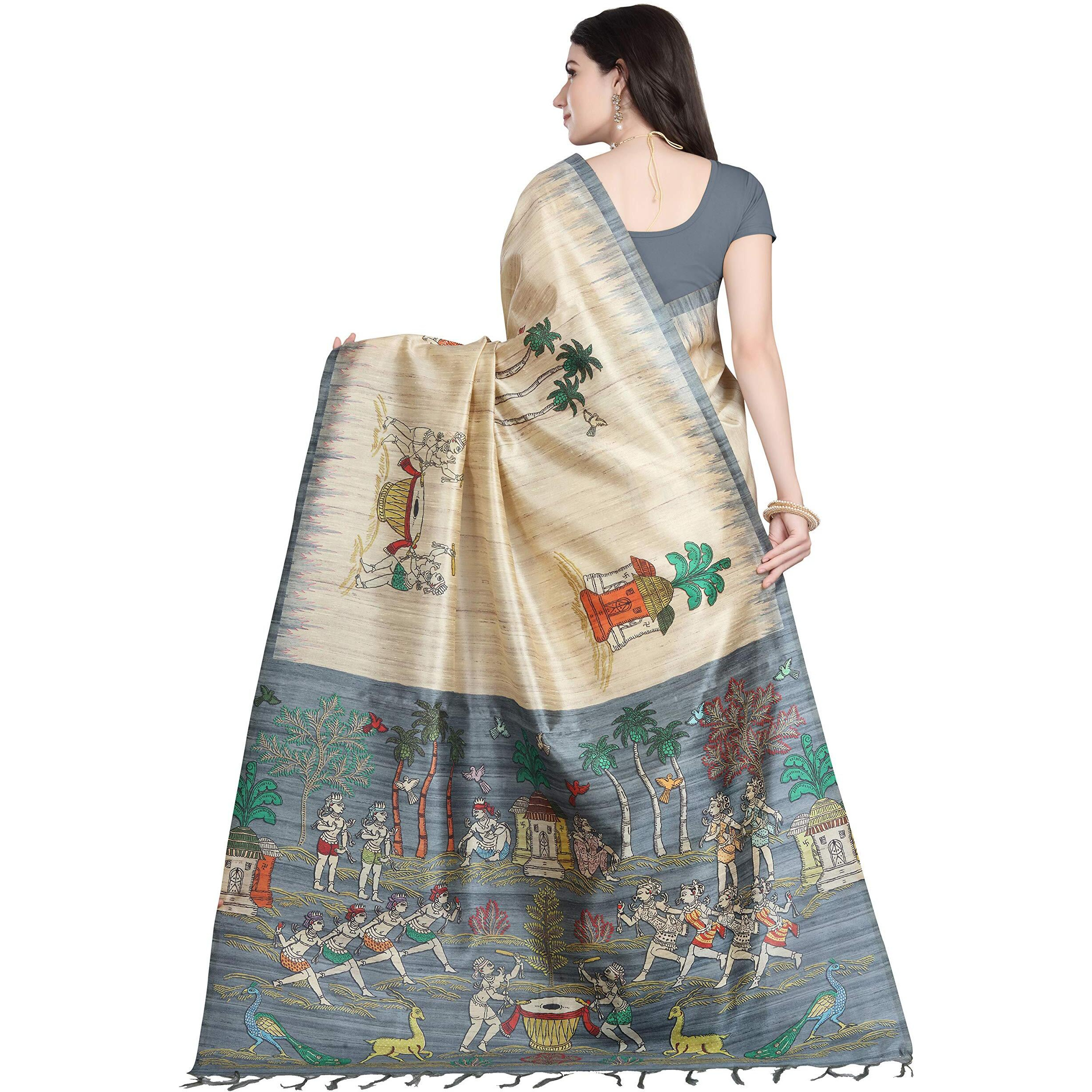 RANI SAAHIBA Womens Printed Art Tussar Silk Bhagalpuri Saree With Blouse Piece (SKR6710_Beige-Grey)