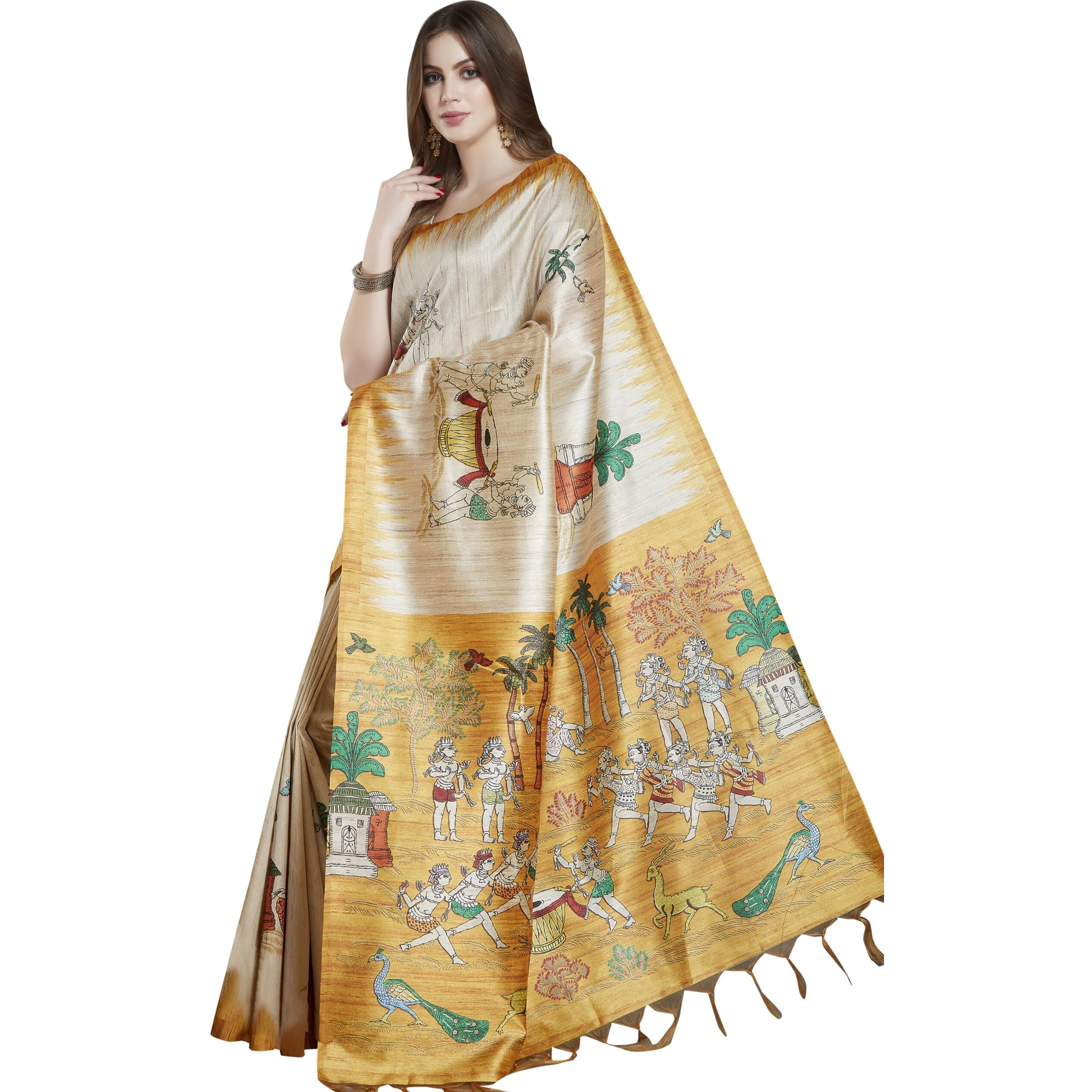 RANI SAAHIBA Womens Printed Art Tussar Silk Madhubani Saree With Blouse Piece (SKR11607_Beige-Yellow)